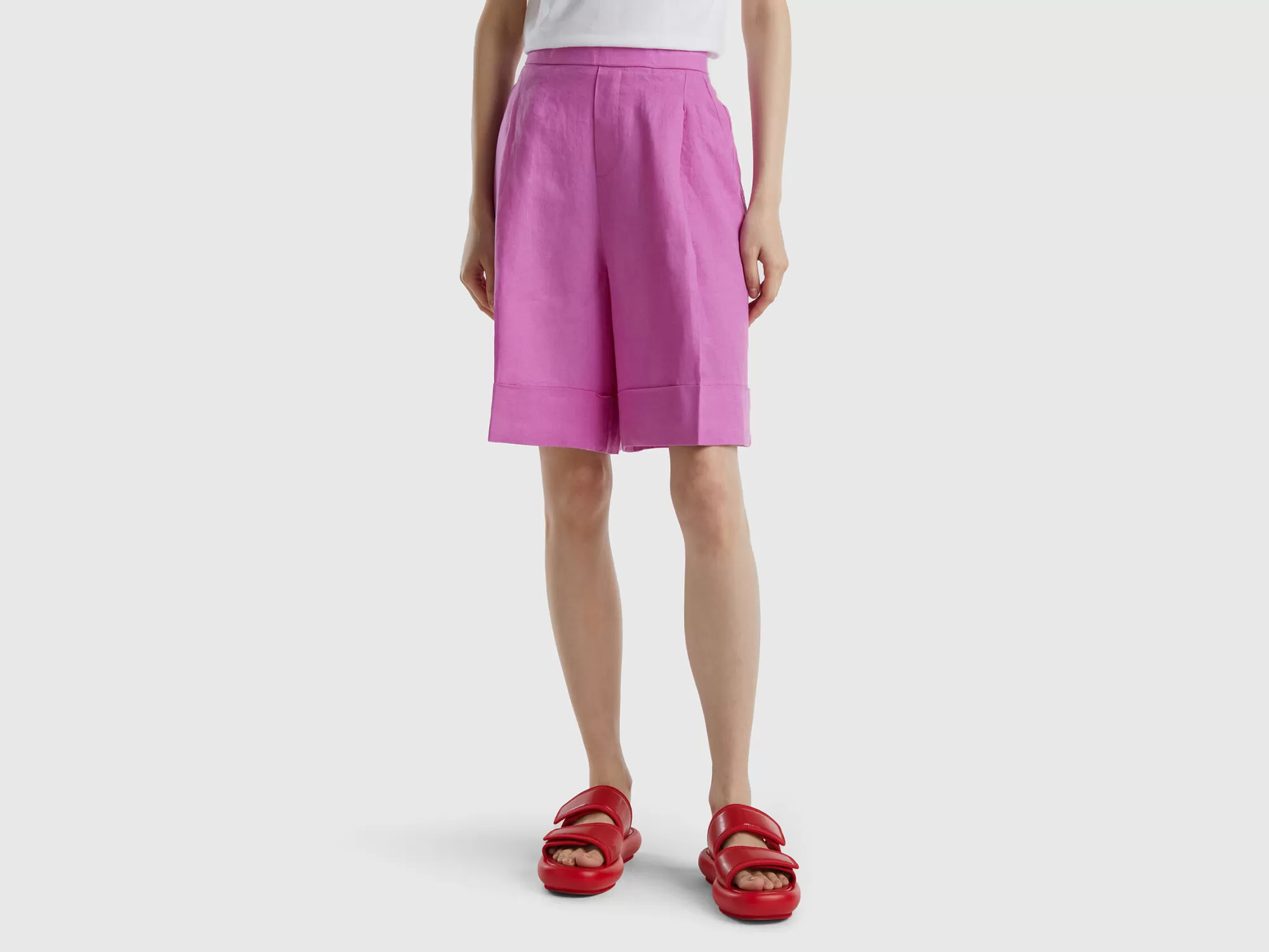 Benetton Bermudas De 100 % Lino Con Vuelta-Mujer Pantalones Y Chinos