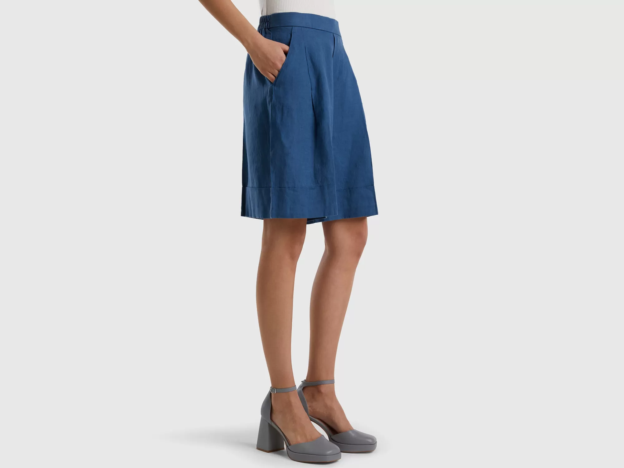 Benetton Bermudas De 100 % Lino Con Vuelta-Mujer Pantalones Y Chinos