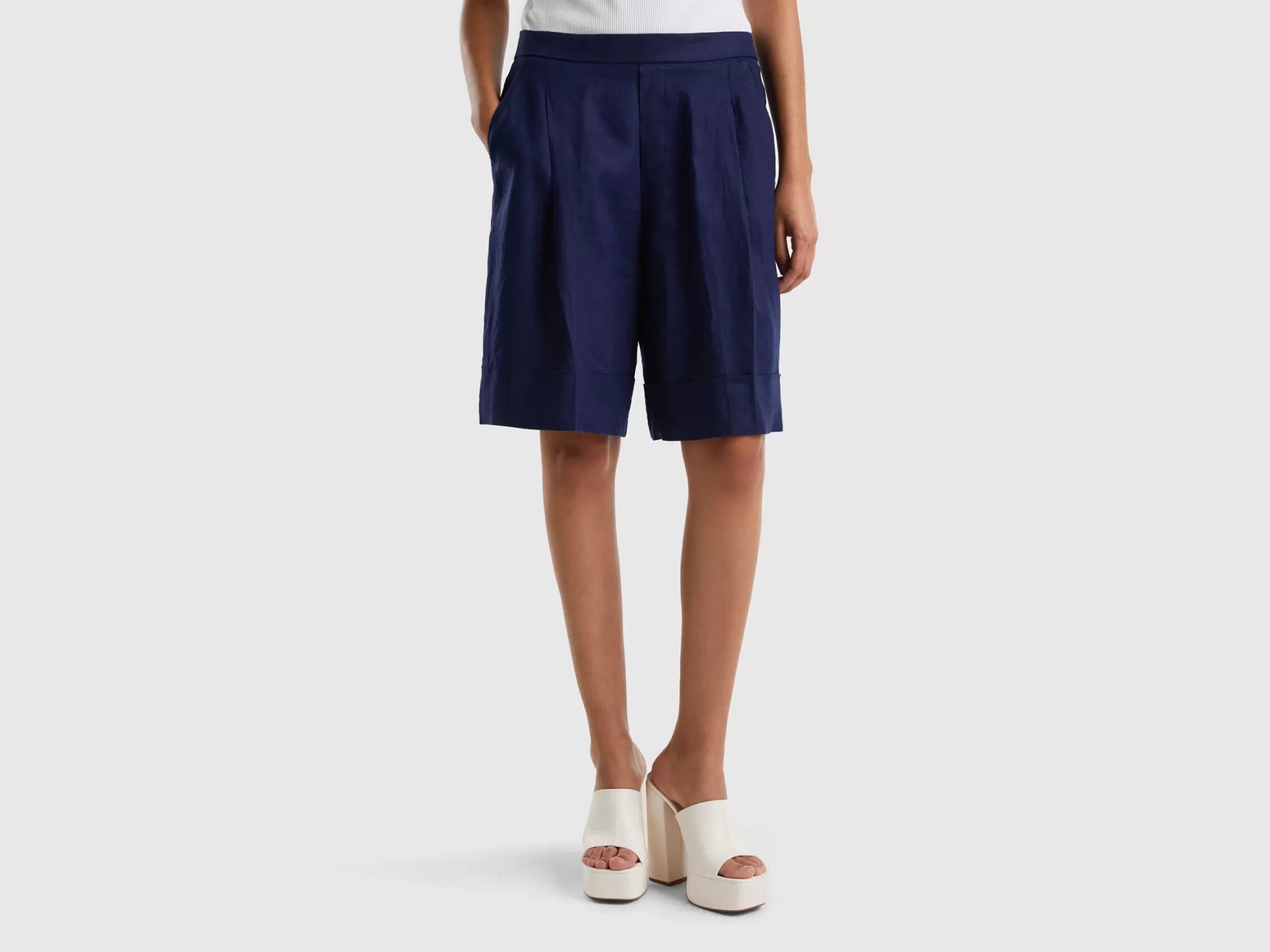 Benetton Bermudas De 100 % Lino Con Vuelta-Mujer Pantalones Y Chinos