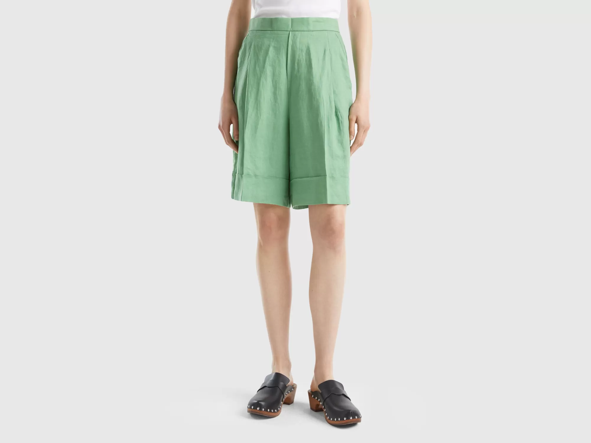 Benetton Bermudas De 100 % Lino Con Vuelta-Mujer Pantalones Y Chinos