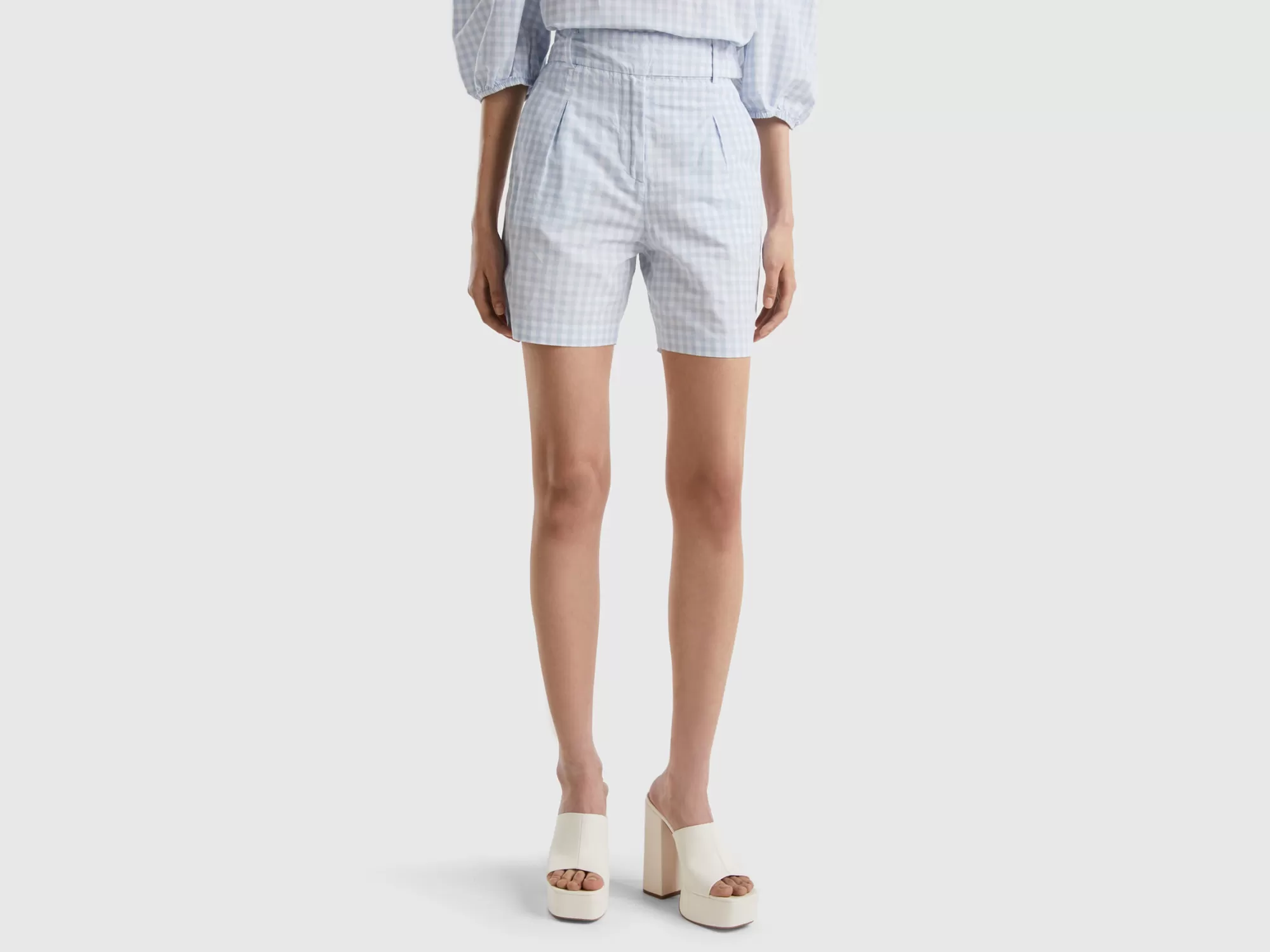 Benetton Bermudas De Vichy De Lino Mixto-Mujer Pantalones Y Chinos