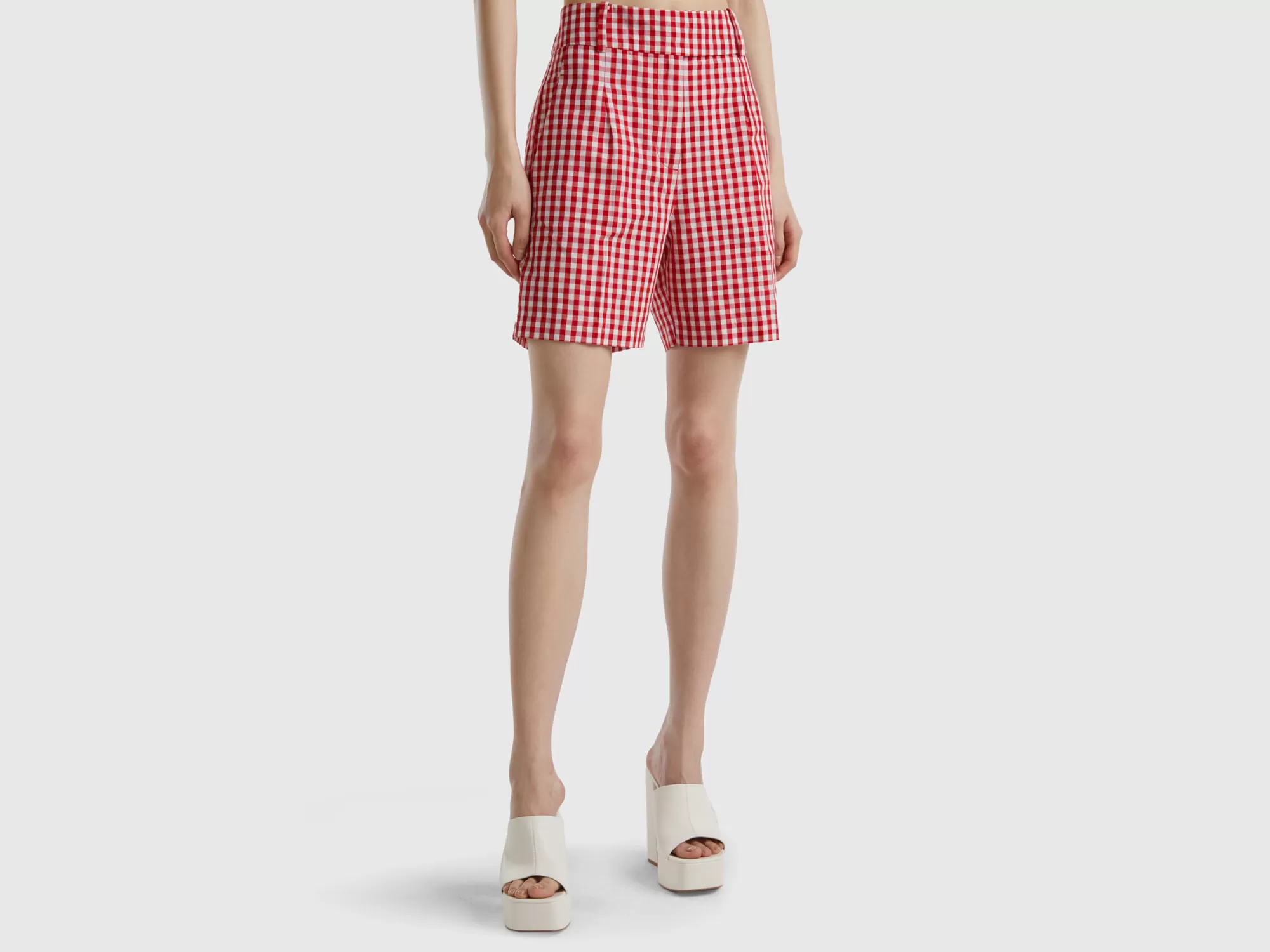 Benetton Bermudas De Vichy De Lino Mixto-Mujer Pantalones Y Chinos