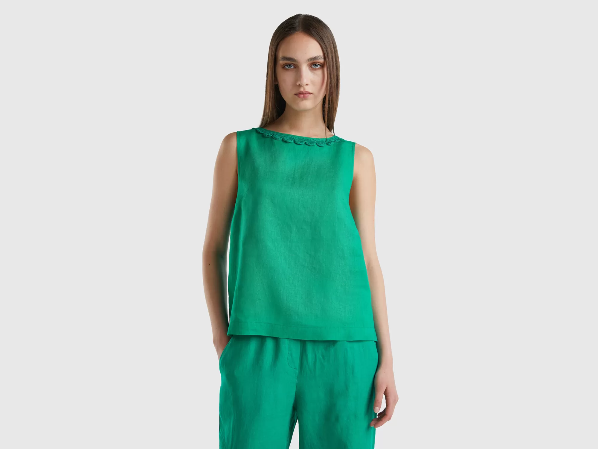 Benetton Blusa De 100 % Lino Con Detalles De Ganchillo-Mujer Camisas Y Blusas