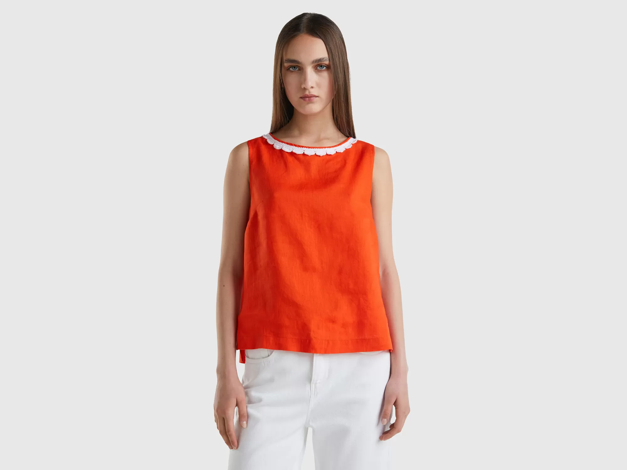 Benetton Blusa De 100 % Lino Con Detalles De Ganchillo-Mujer Camisas Y Blusas