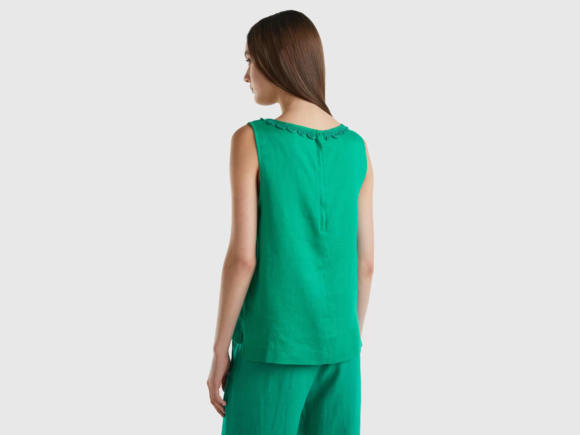 Benetton Blusa De 100 % Lino Con Detalles De Ganchillo-Mujer Camisas Y Blusas