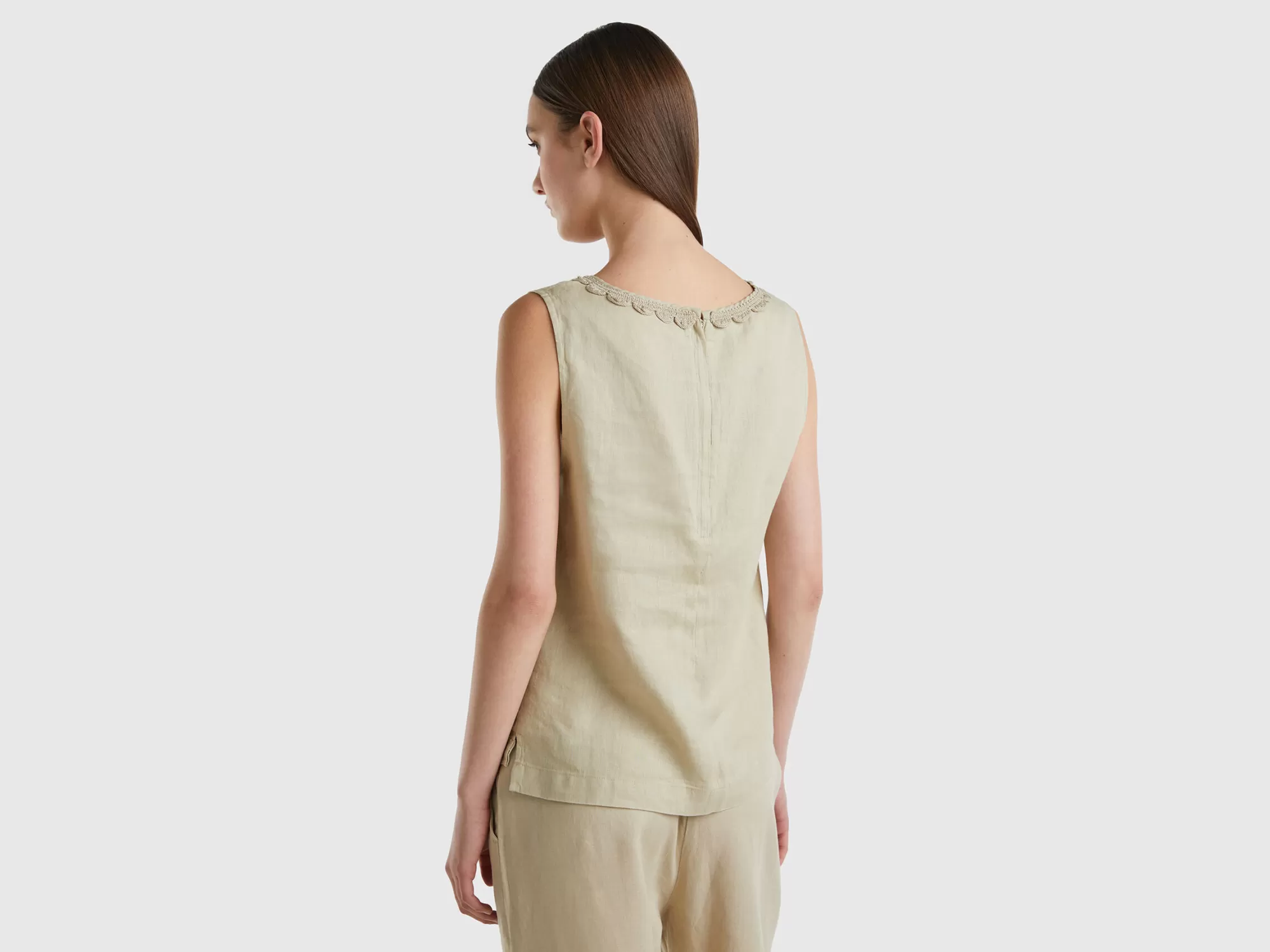 Benetton Blusa De 100 % Lino Con Detalles De Ganchillo-Mujer Camisas Y Blusas