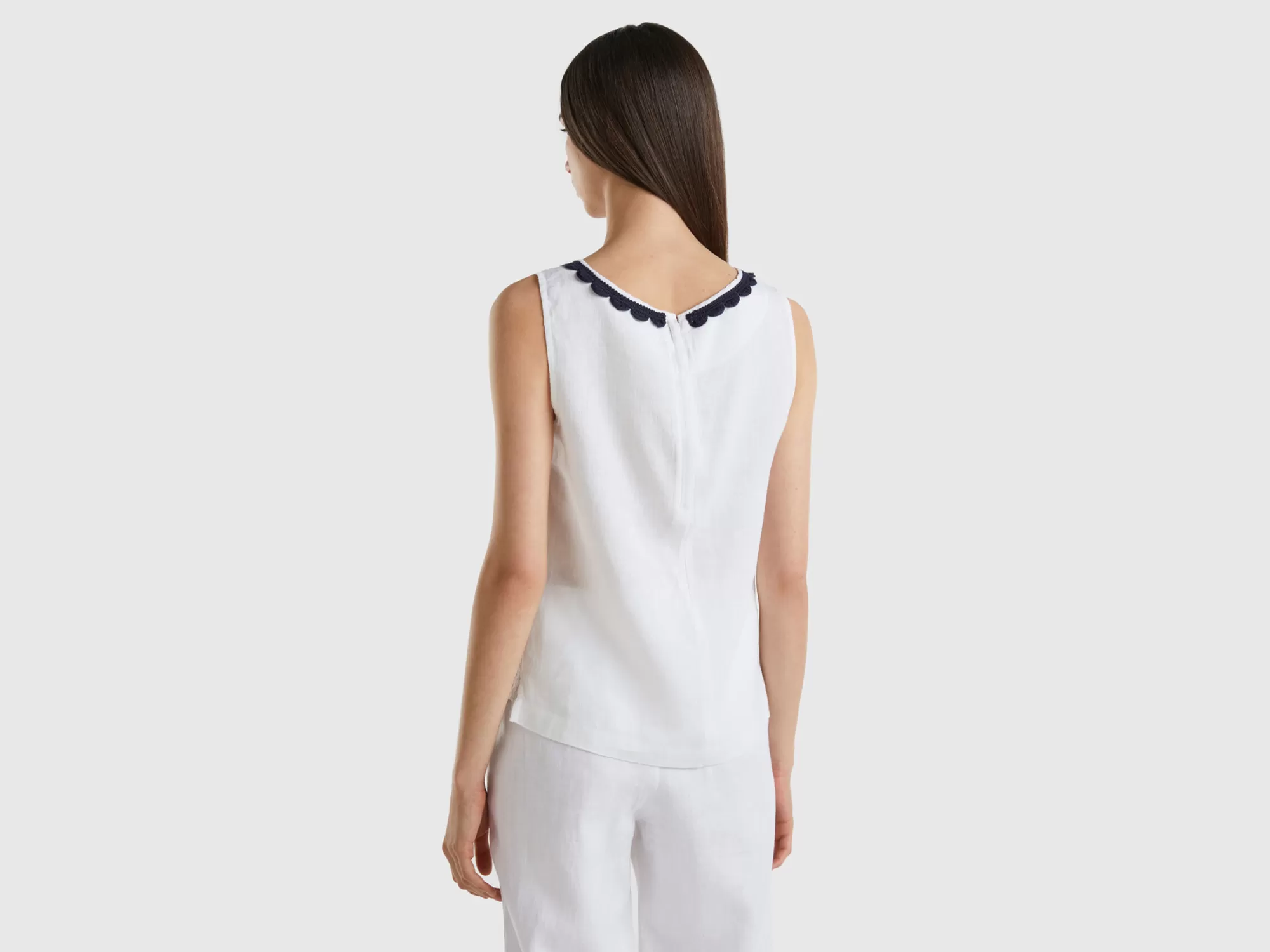 Benetton Blusa De 100 % Lino Con Detalles De Ganchillo-Mujer Camisas Y Blusas