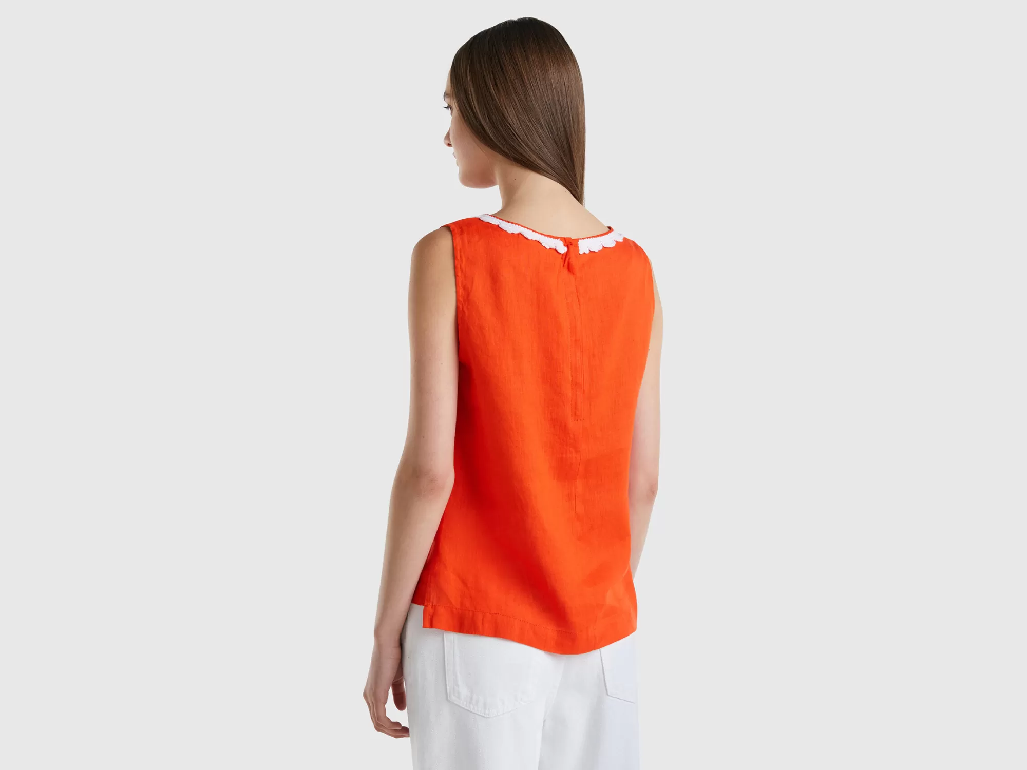 Benetton Blusa De 100 % Lino Con Detalles De Ganchillo-Mujer Camisas Y Blusas