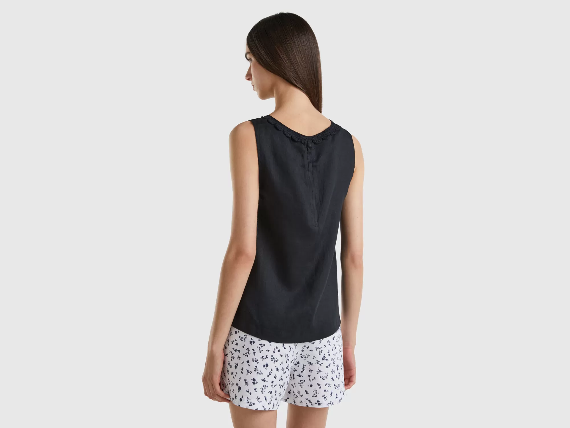 Benetton Blusa De 100 % Lino Con Detalles De Ganchillo-Mujer Camisas Y Blusas