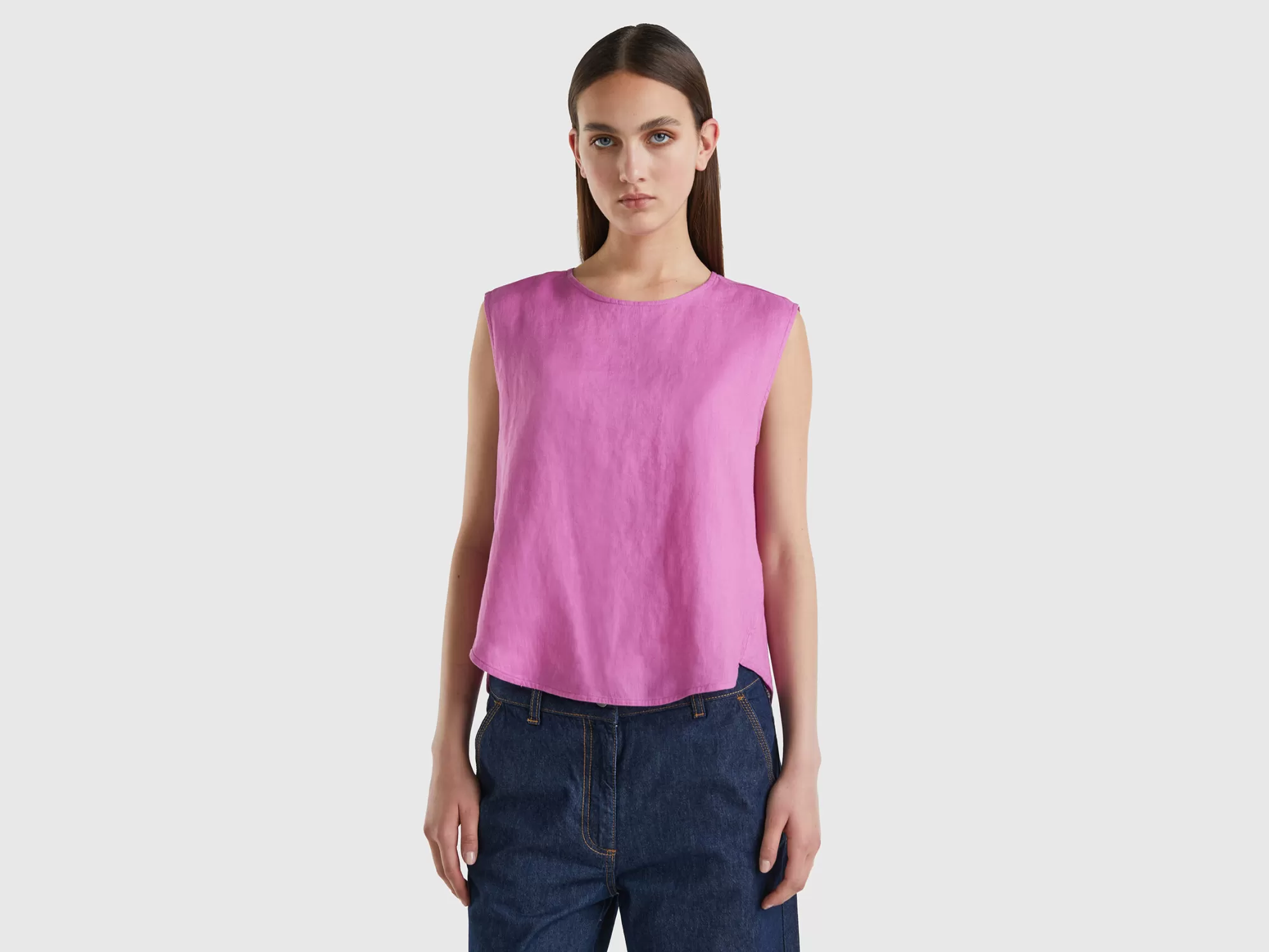 Benetton Blusa De 100 % Lino Sin Mangas-Mujer Camisas Y Blusas