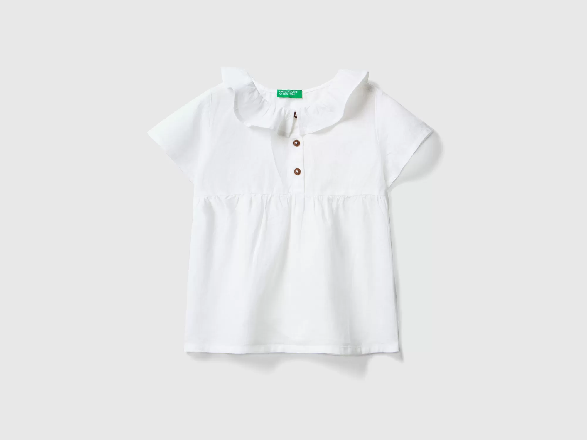 Benetton Blusa De Lino Mixto Con Volantes En El Cuello-Niños Camisetas Y Camisas