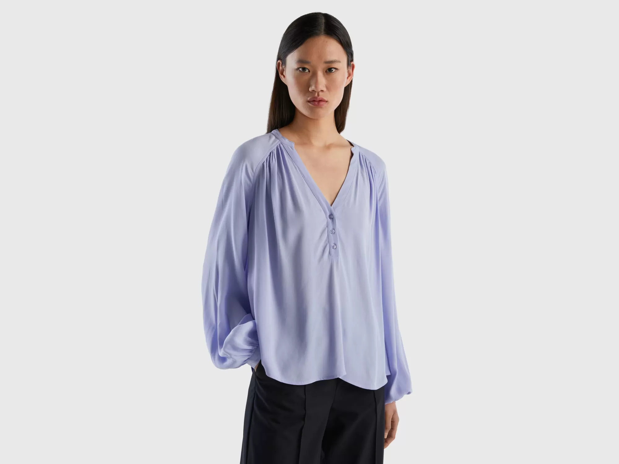 Benetton Blusa De Manga Larga De 100 % Viscosa-Mujer Camisas Y Blusas