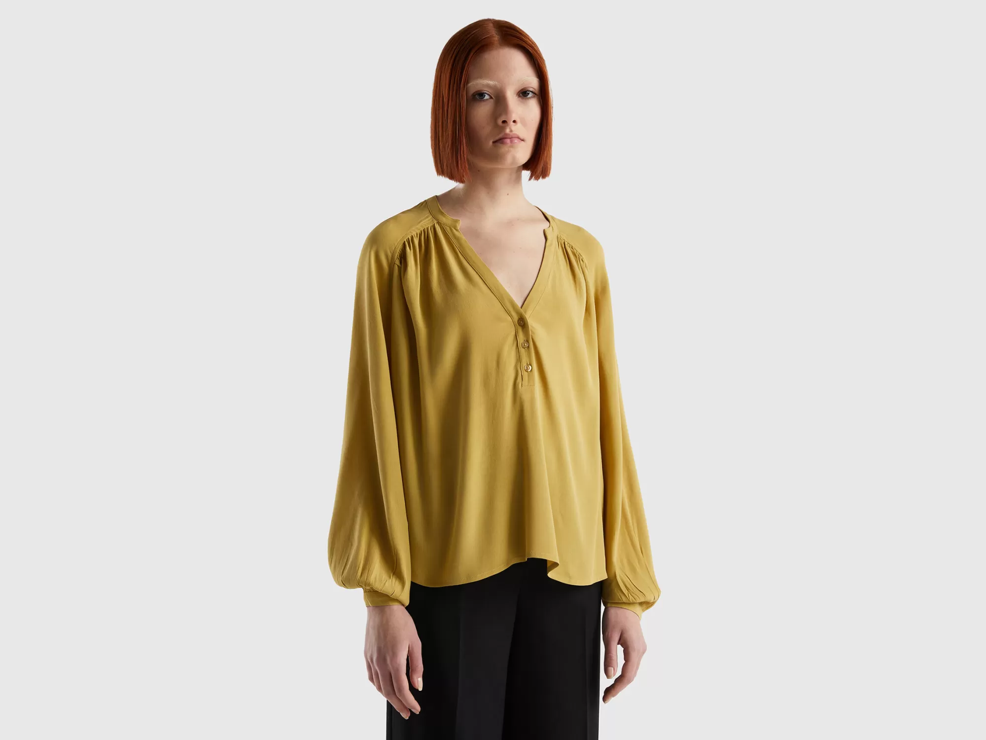 Benetton Blusa De Manga Larga De 100 % Viscosa-Mujer Camisas Y Blusas