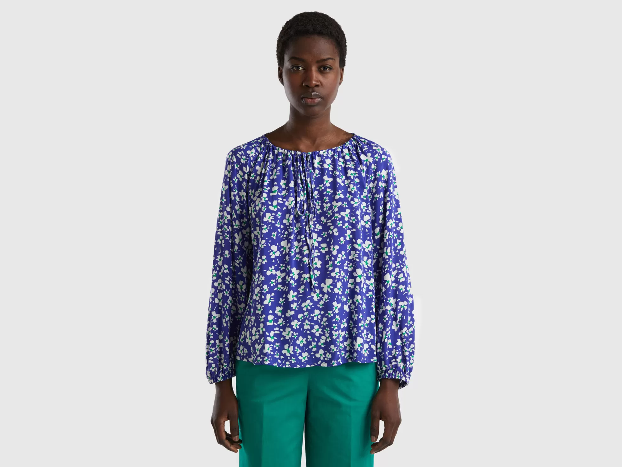 Benetton Blusa Estampada Con Cordones-Mujer Camisas Y Blusas