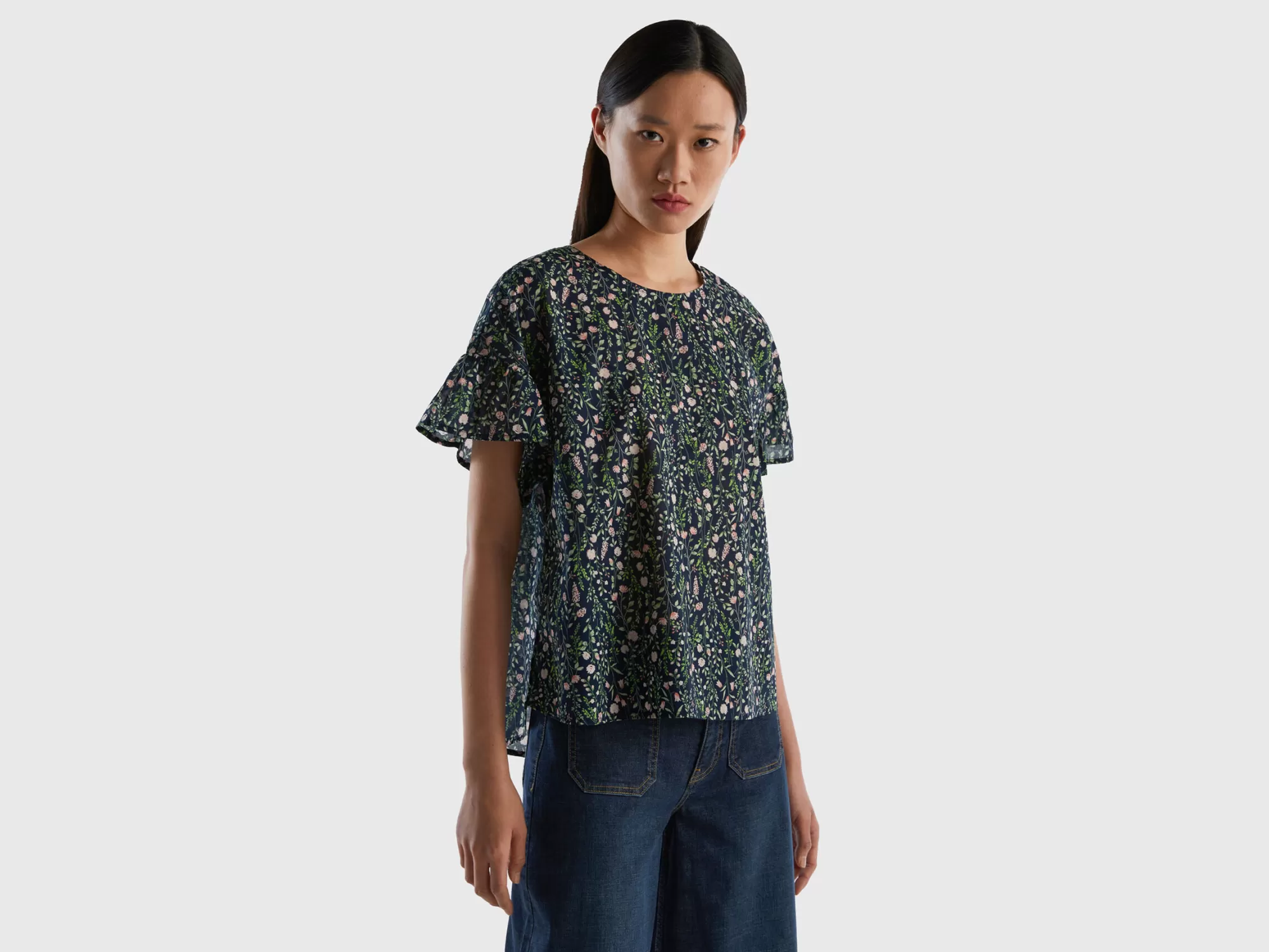 Benetton Blusa Estampada De 100 % Algodón-Mujer Camisas Y Blusas