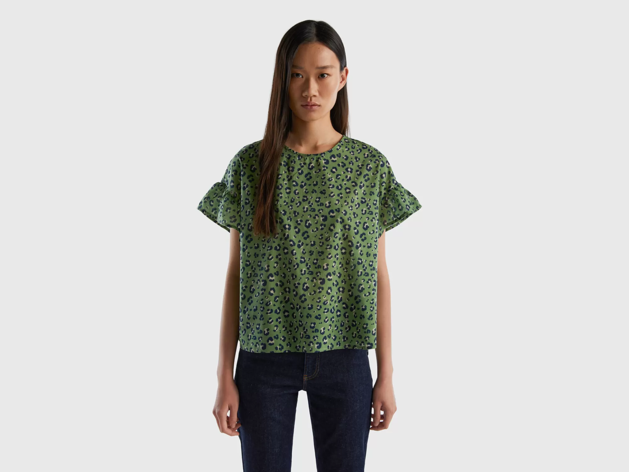 Benetton Blusa Estampada De 100 % Algodón-Mujer Camisas Y Blusas