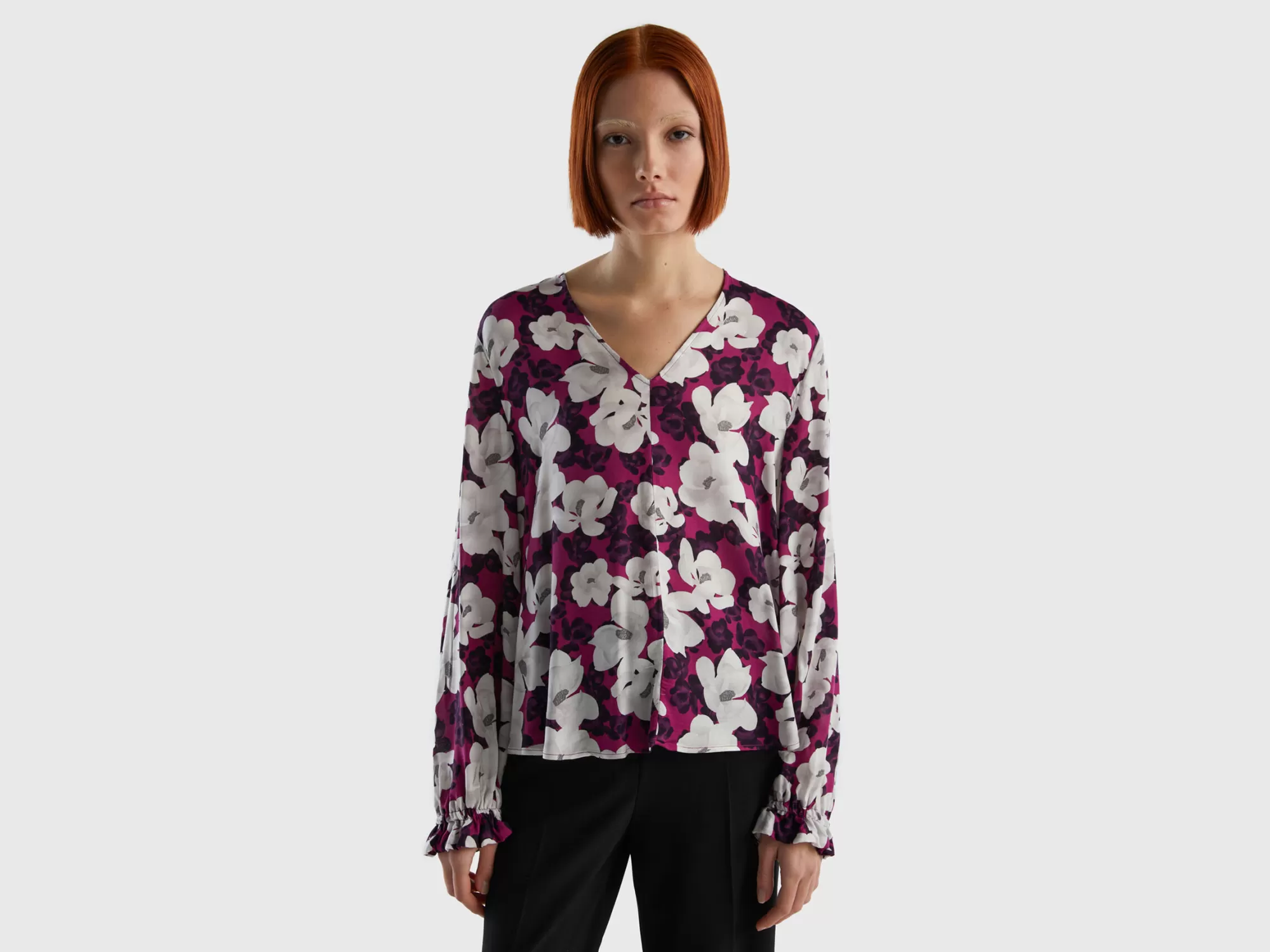 Benetton Blusa Fluida De Flores-Mujer Camisas Y Blusas