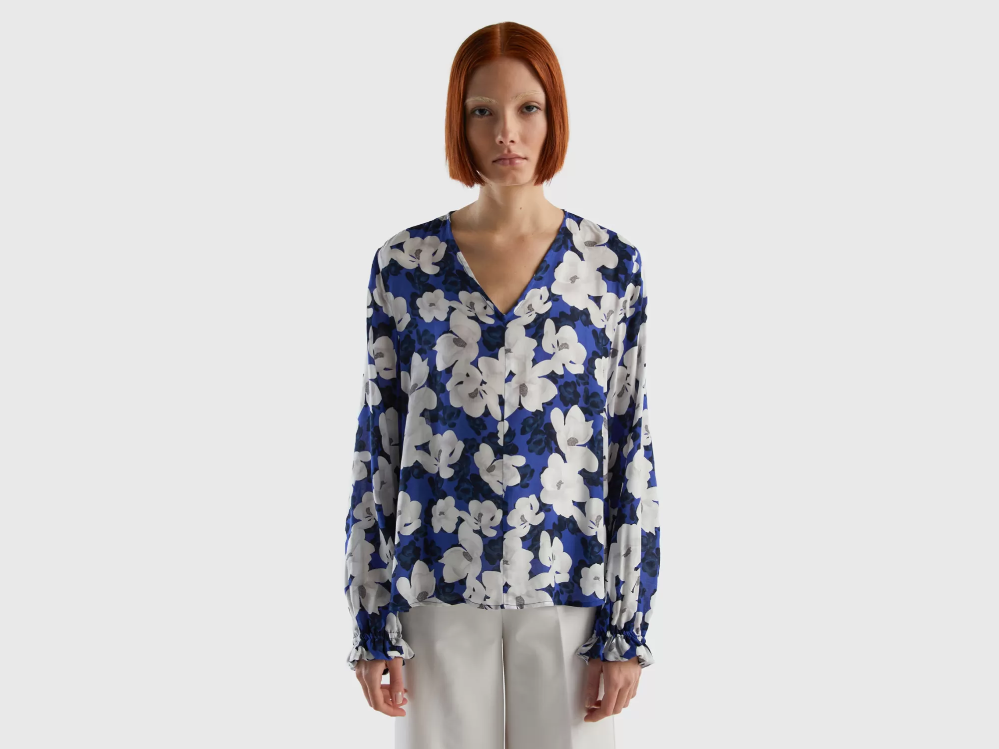 Benetton Blusa Fluida De Flores-Mujer Camisas Y Blusas