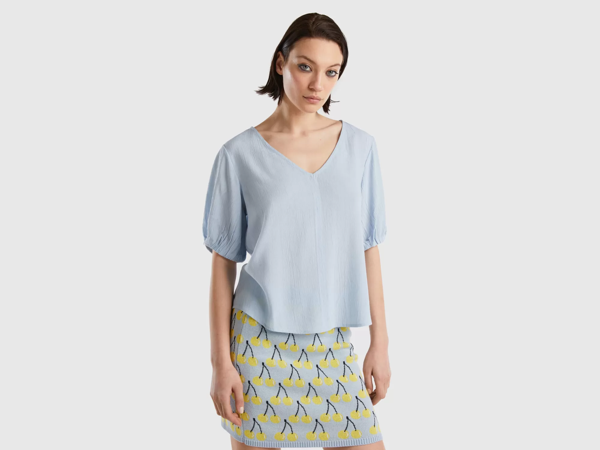 Benetton Blusa Fluida De Manga Corta-Mujer Camisas Y Blusas