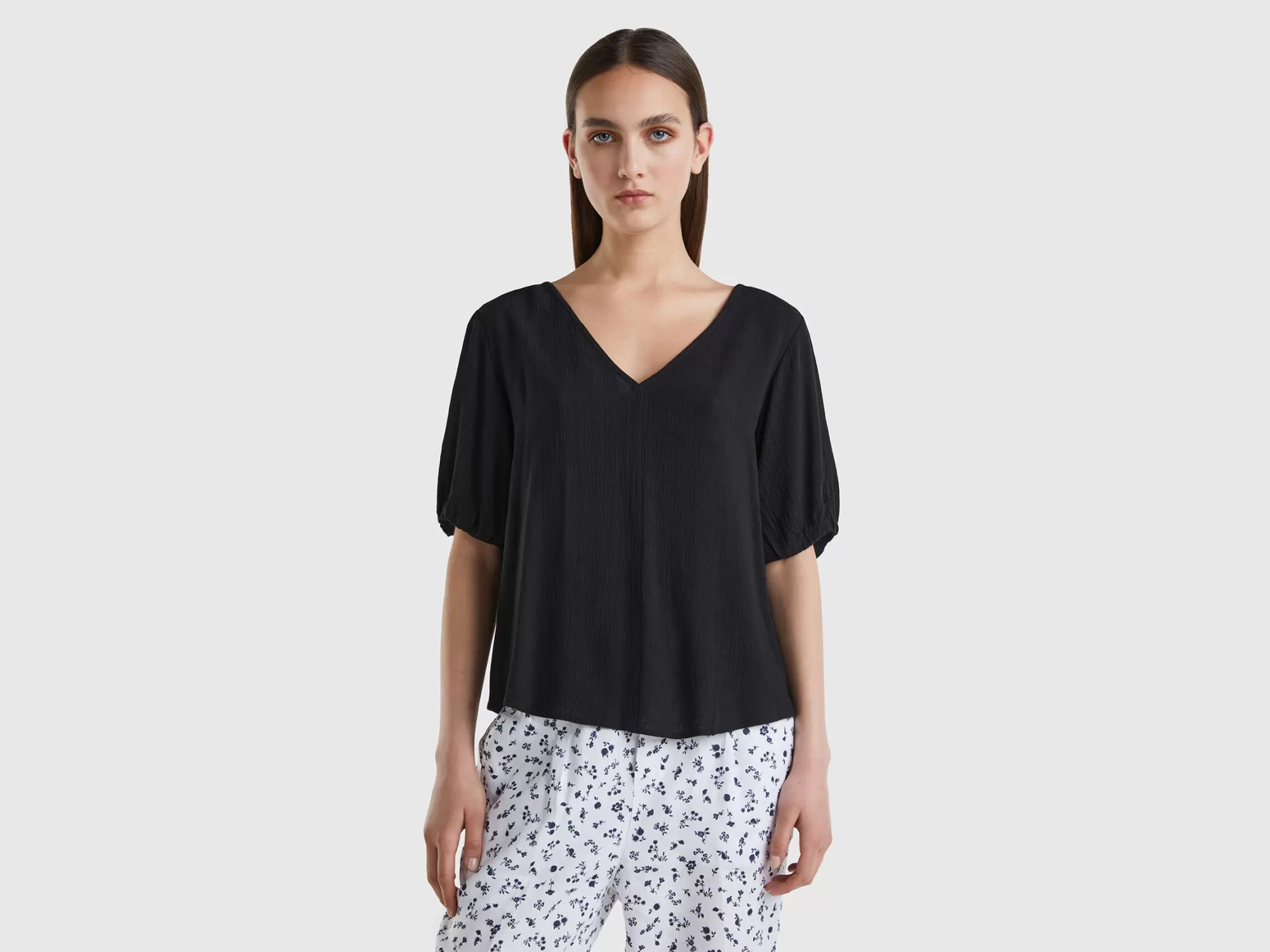 Benetton Blusa Fluida De Manga Corta-Mujer Camisas Y Blusas