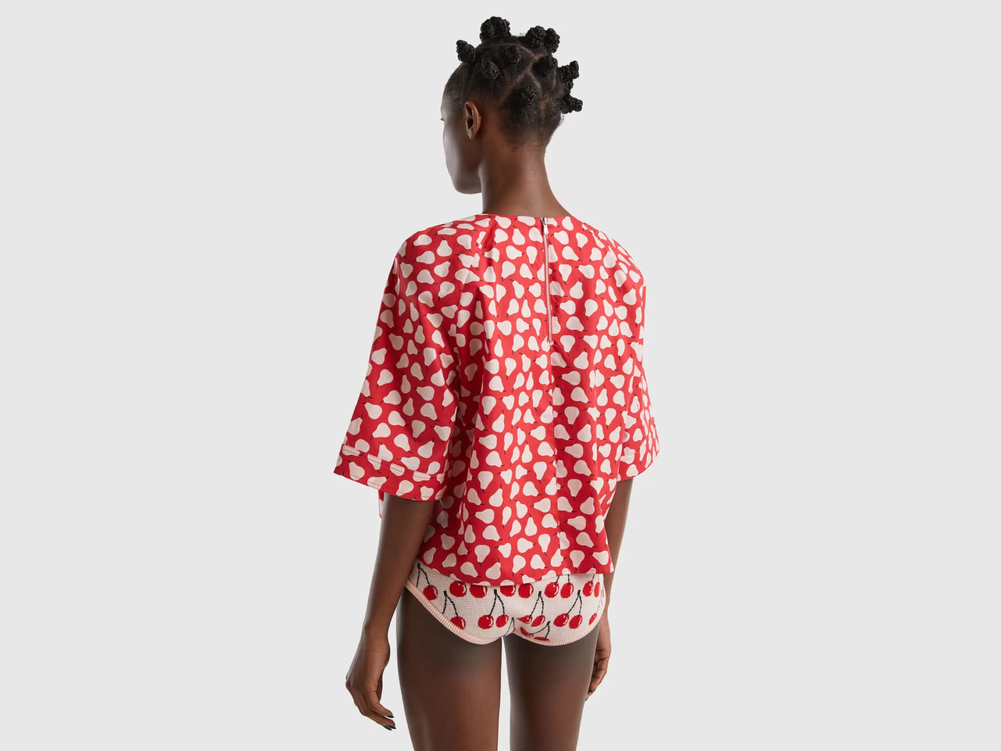 Benetton Blusa Roja Con Estampado De Peras-Mujer Camisas Y Blusas