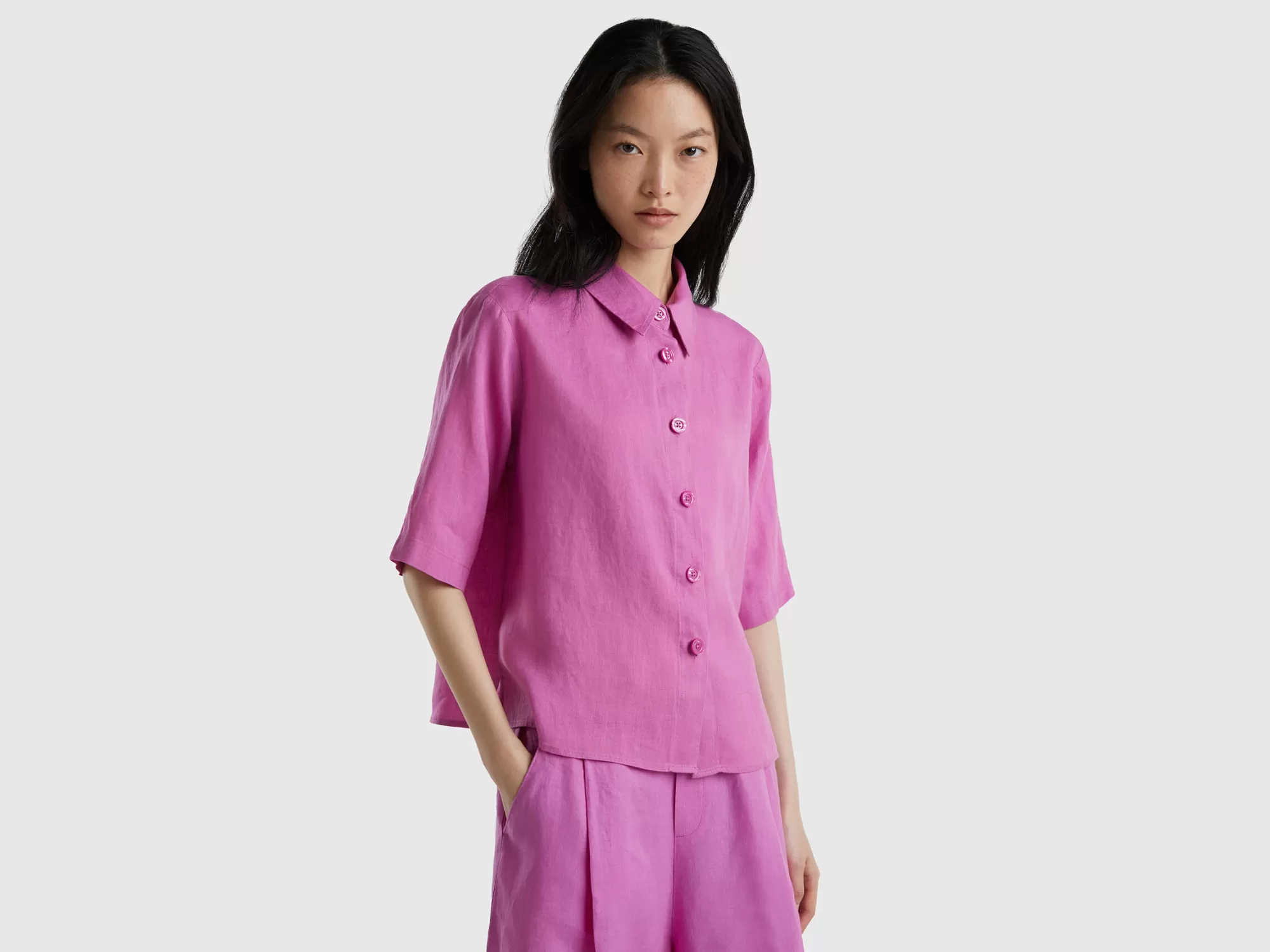 Benetton Camisa Corta De Puro Lino-Mujer Camisas Y Blusas