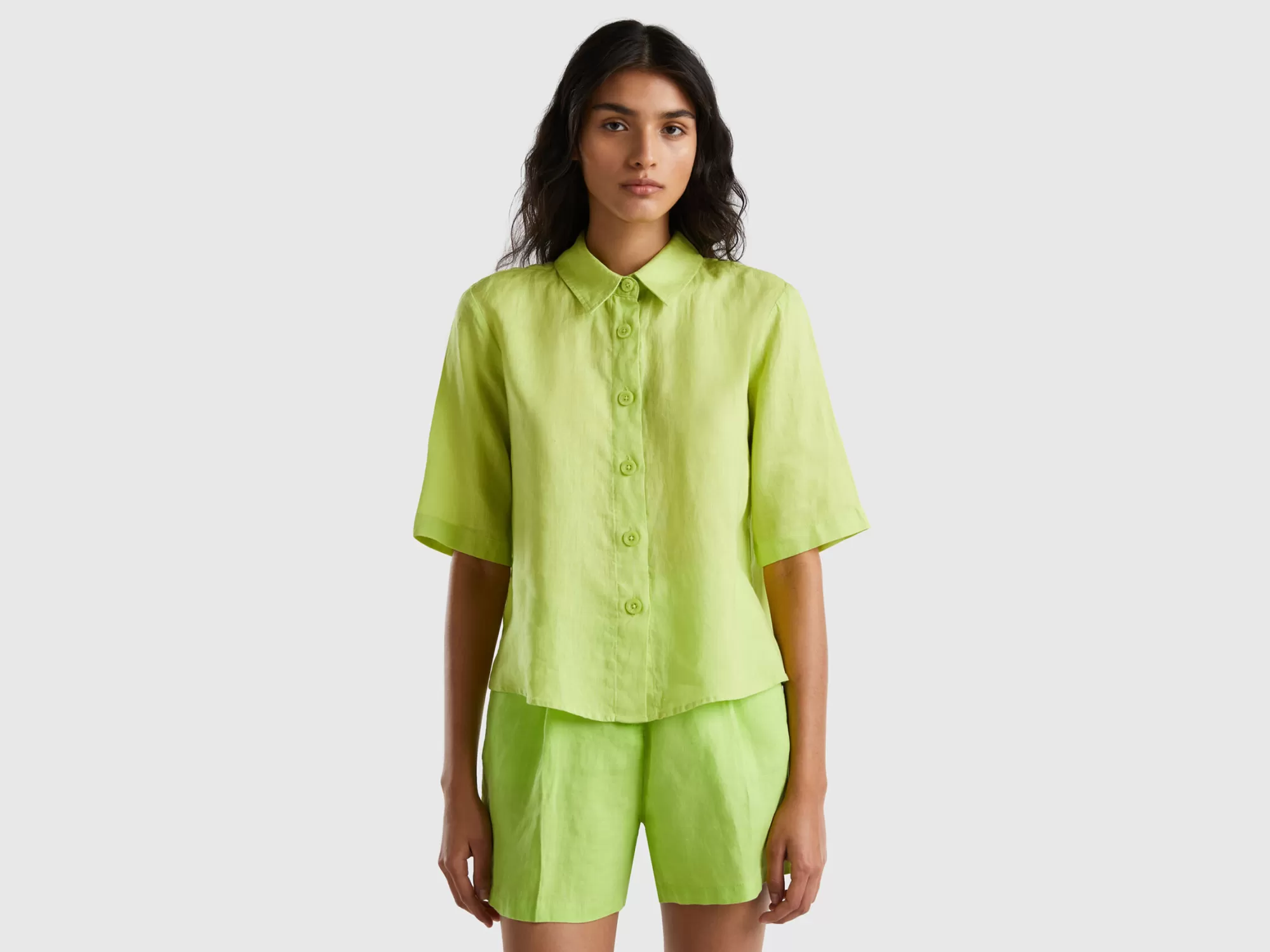 Benetton Camisa Corta De Puro Lino-Mujer Camisas Y Blusas