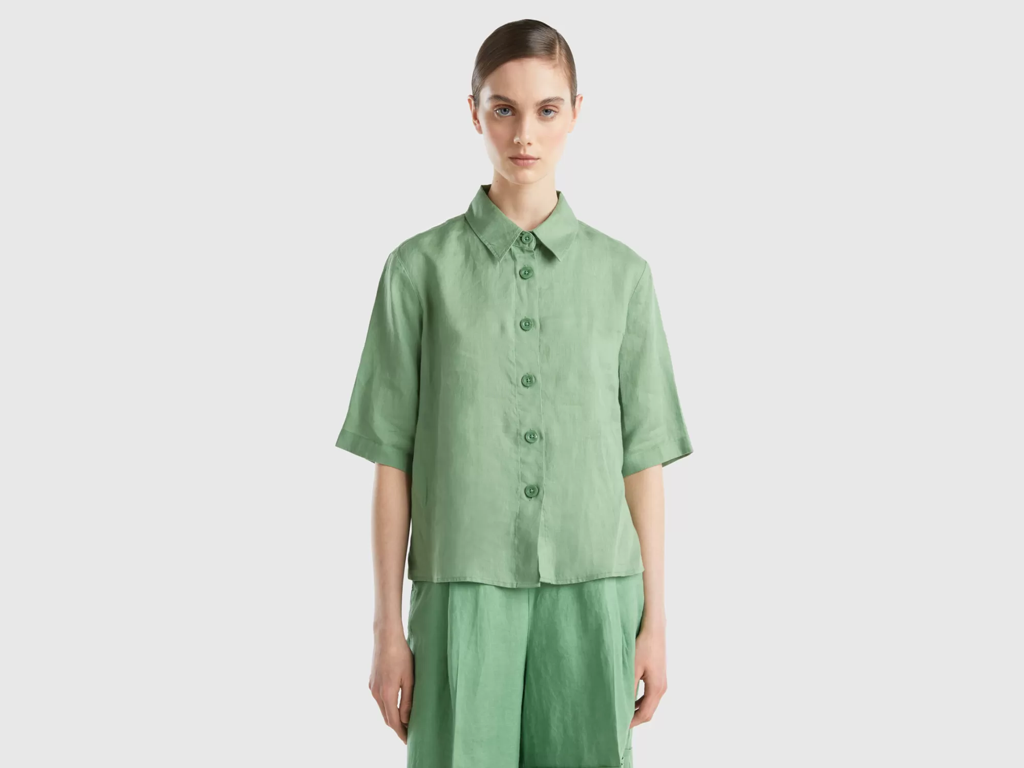 Benetton Camisa Corta De Puro Lino-Mujer Camisas Y Blusas