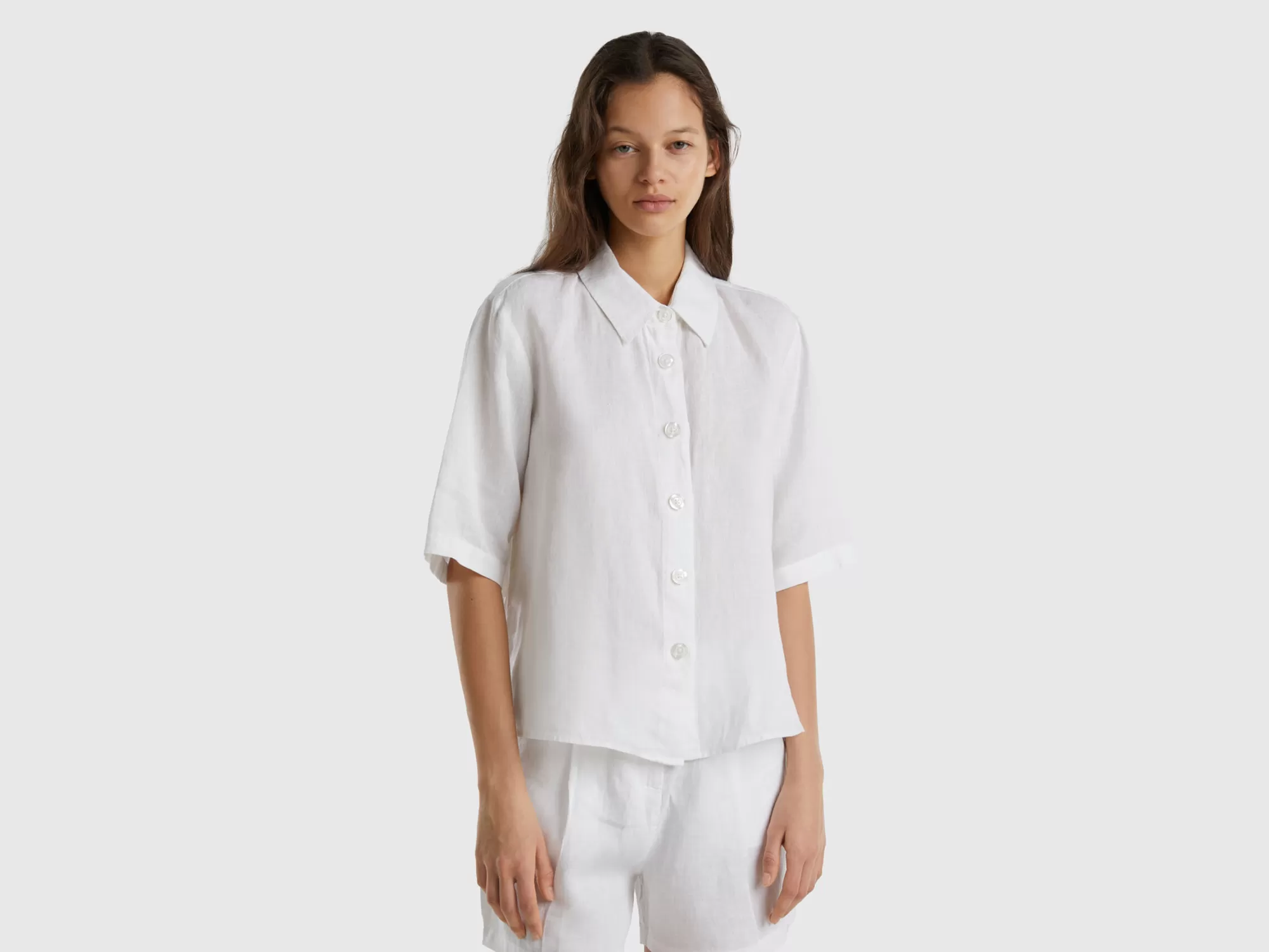 Benetton Camisa Corta De Puro Lino-Mujer Camisas Y Blusas