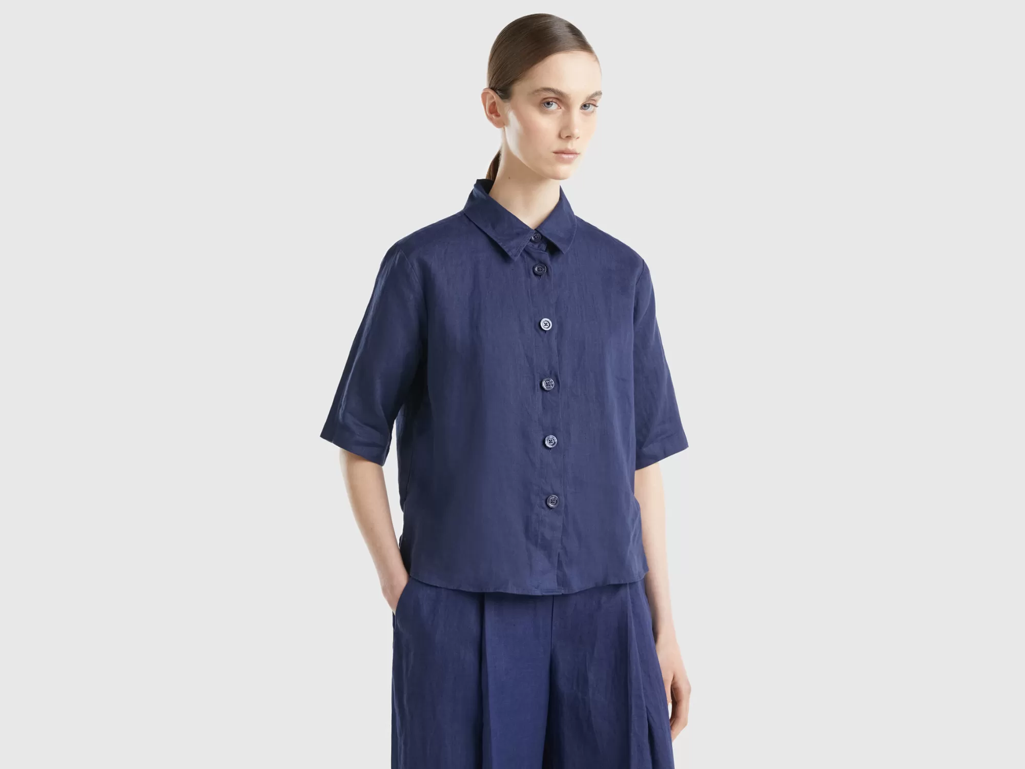 Benetton Camisa Corta De Puro Lino-Mujer Camisas Y Blusas