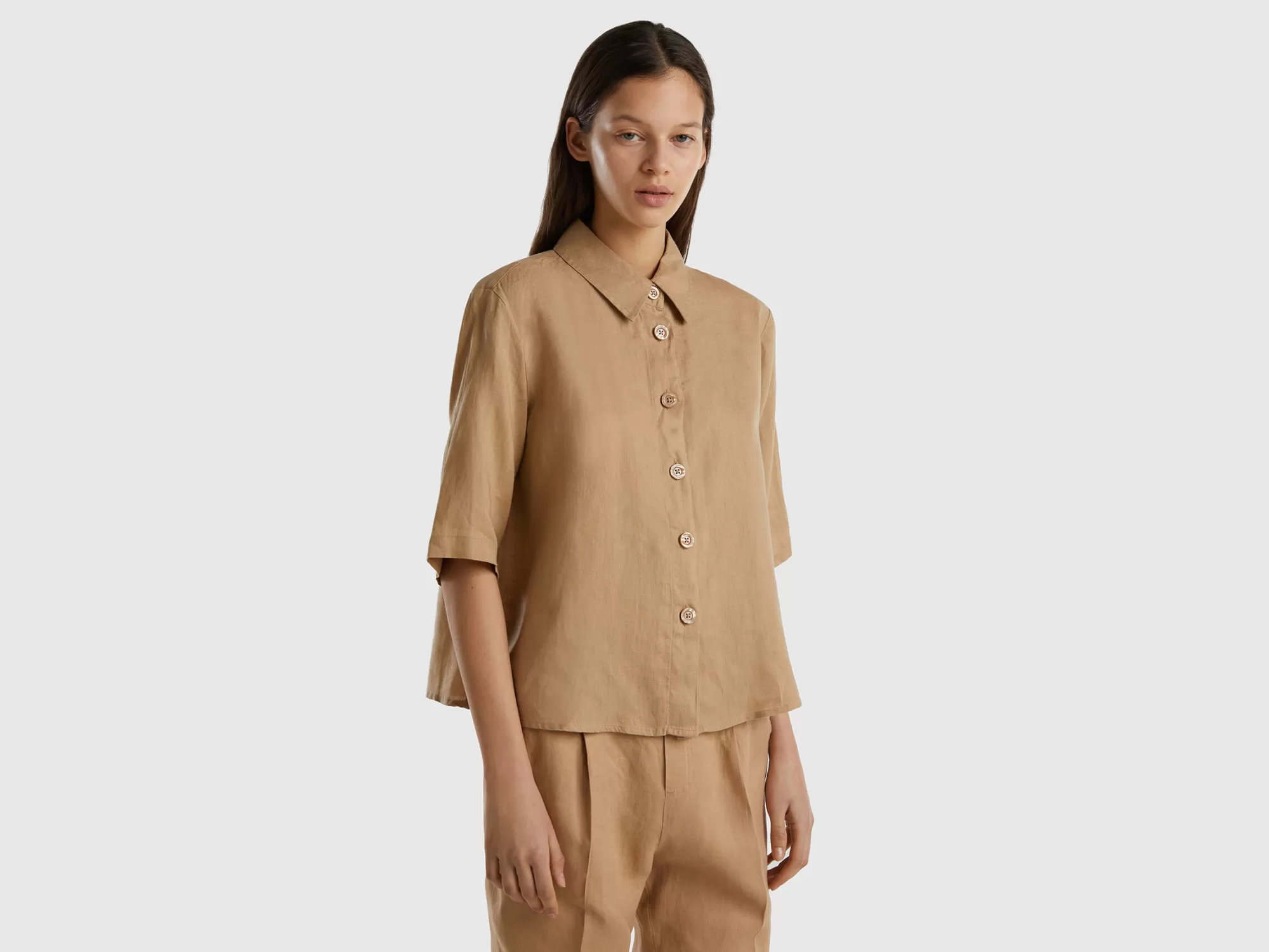 Benetton Camisa Corta De Puro Lino-Mujer Camisas Y Blusas