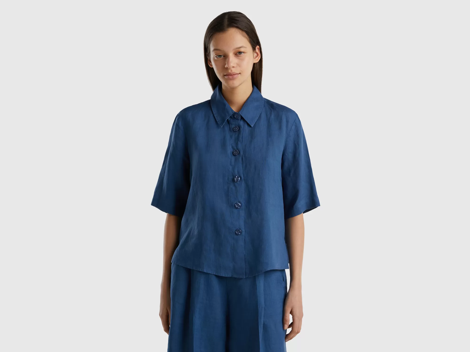 Benetton Camisa Corta De Puro Lino-Mujer Camisas Y Blusas