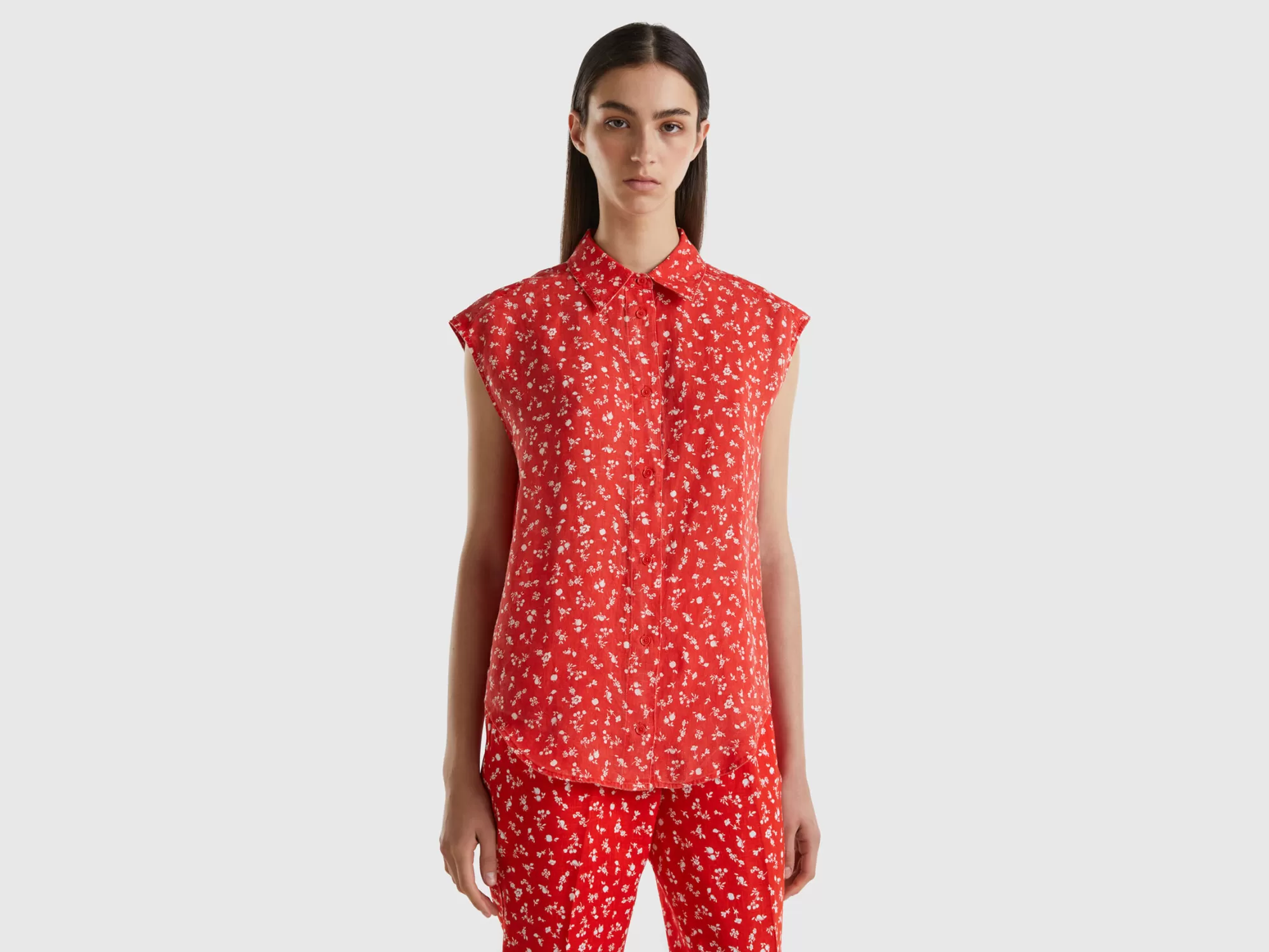 Benetton Camisa De 100 % Lino Estampado-Mujer Camisas Y Blusas