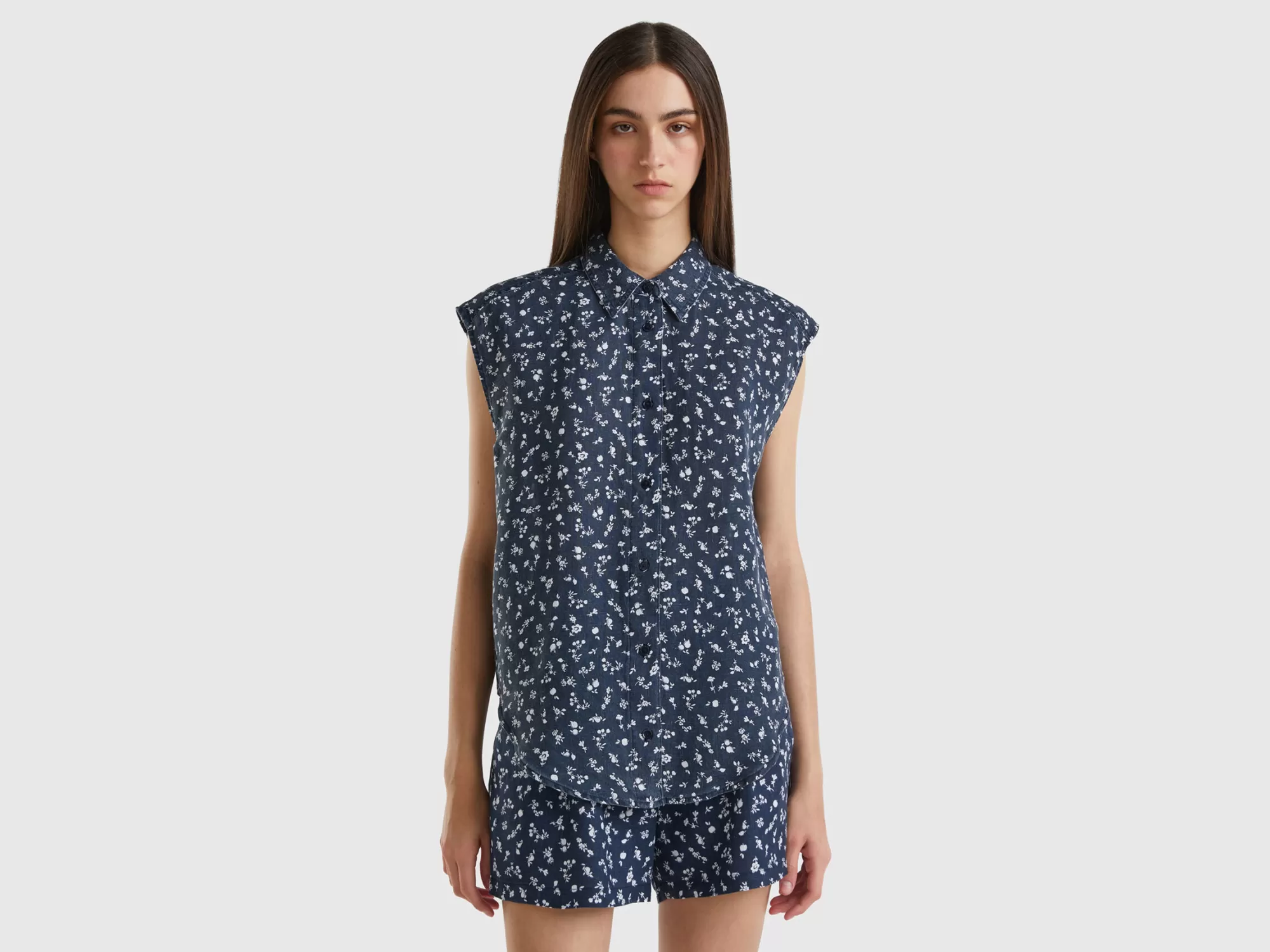 Benetton Camisa De 100 % Lino Estampado-Mujer Camisas Y Blusas