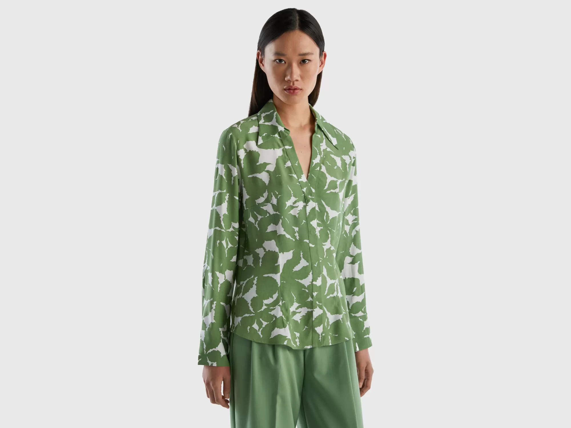 Benetton Camisa De Flores De 100 % Viscosa-Mujer Camisas Y Blusas