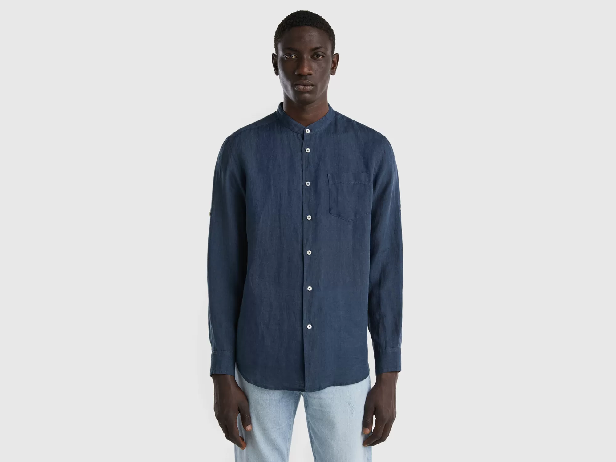 Benetton Camisa De Lino Con Cuello Mao-Hombre Camisas