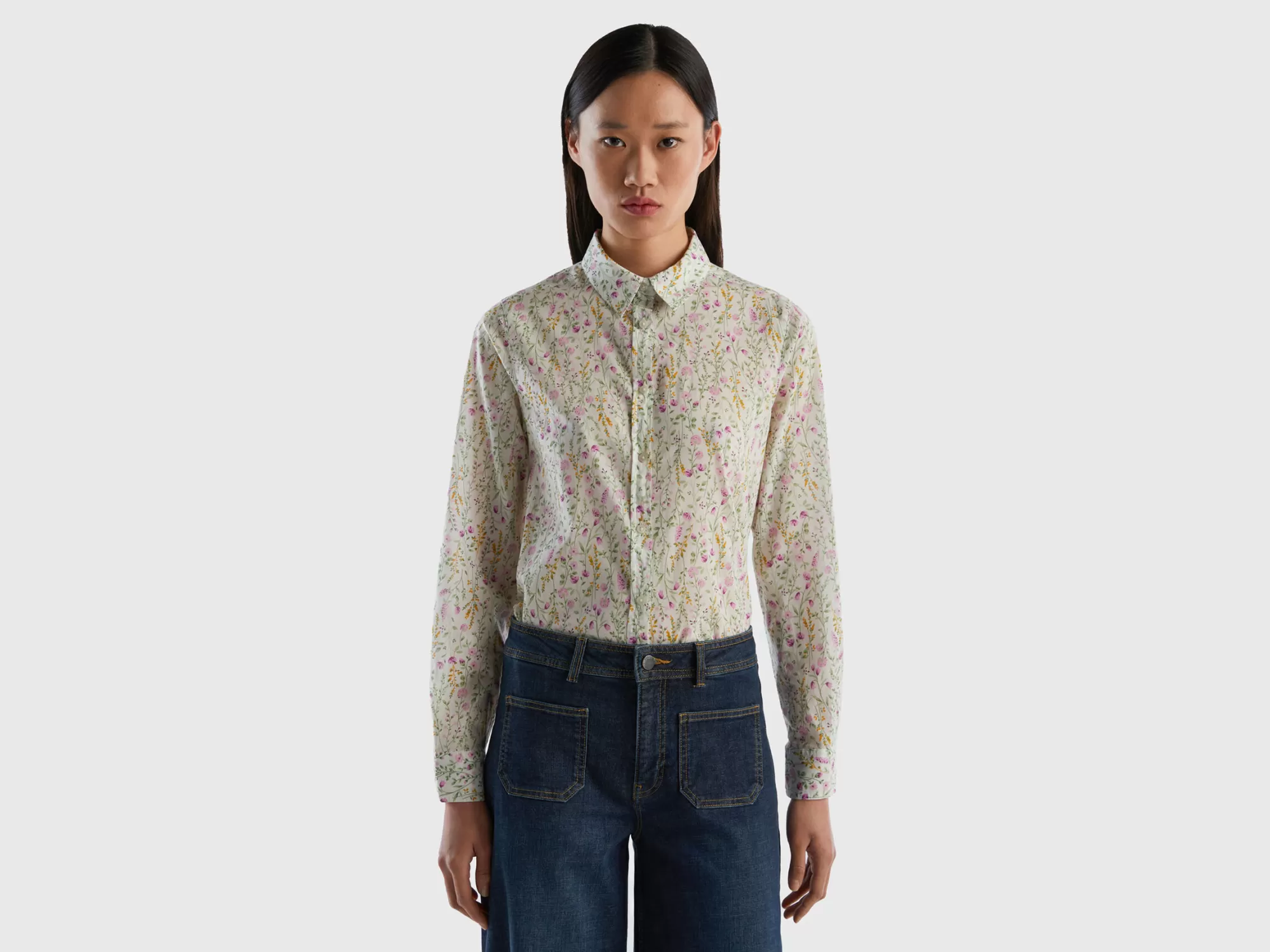 Benetton Camisa Estampada De 100 % Algodón-Mujer Camisas Y Blusas