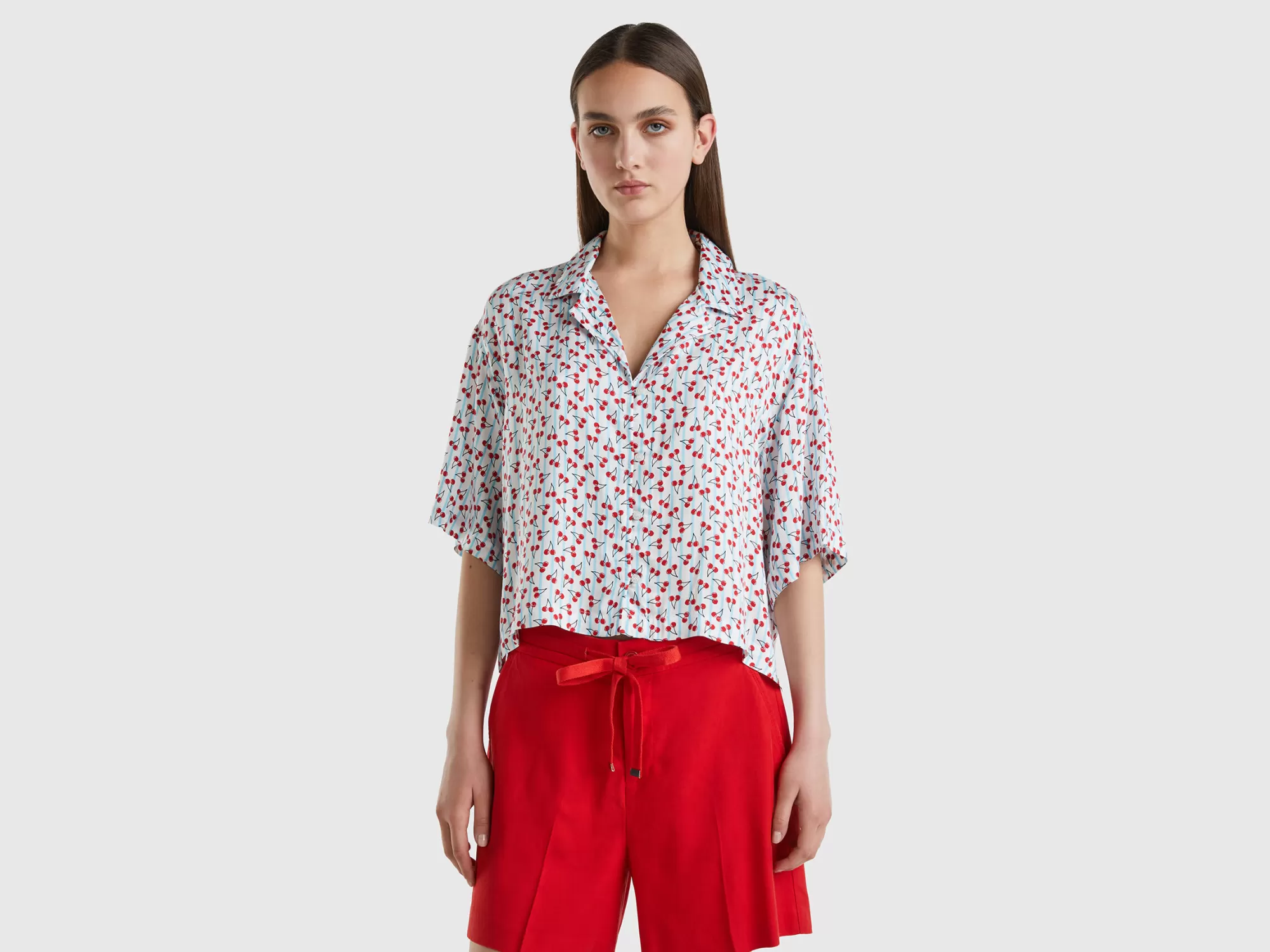 Benetton Camisa Fluida Con Estampado De Cerezas-Mujer Camisas Y Blusas