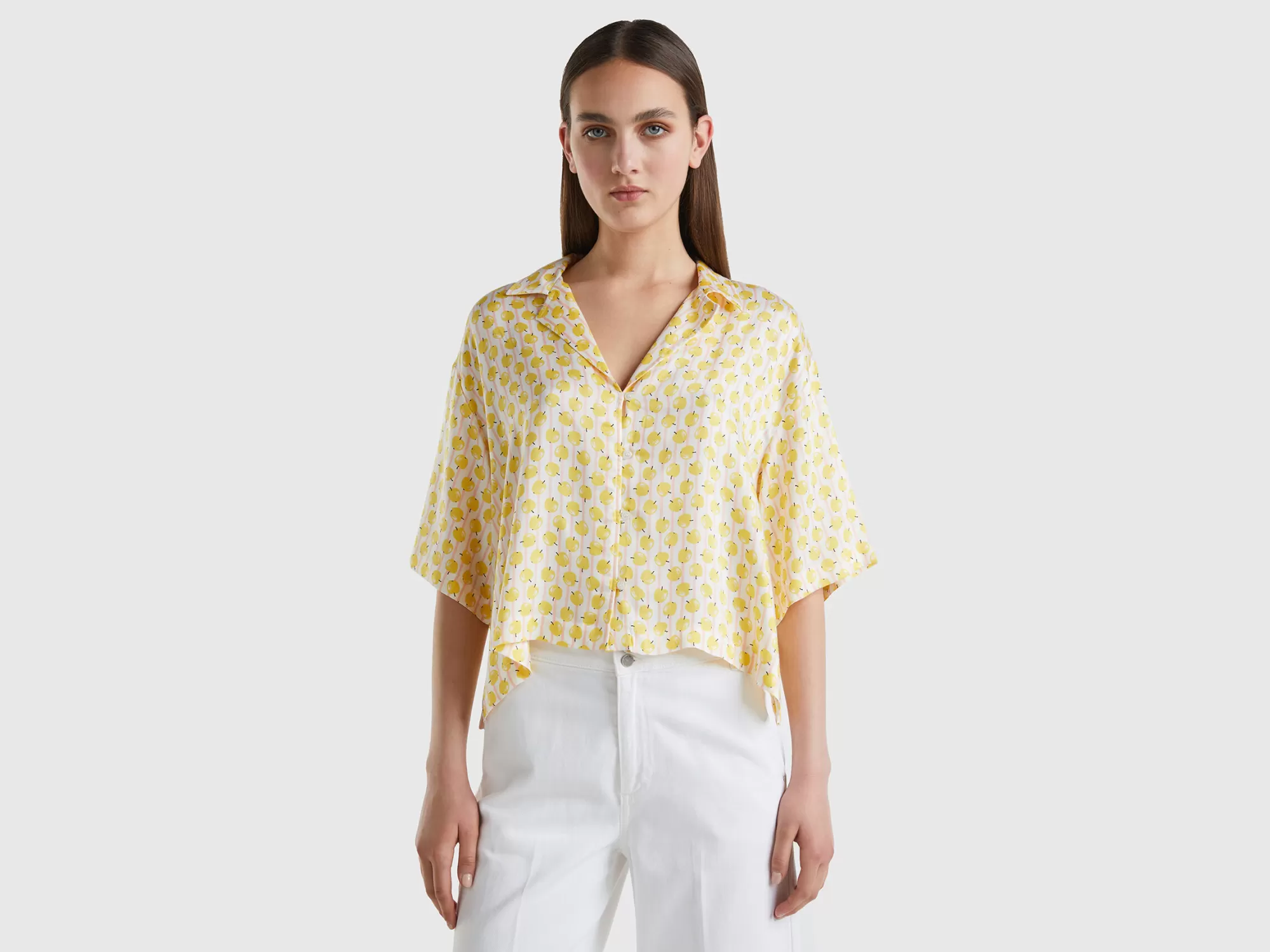 Benetton Camisa Fluida Con Estampado De Manzanas-Mujer Camisas Y Blusas