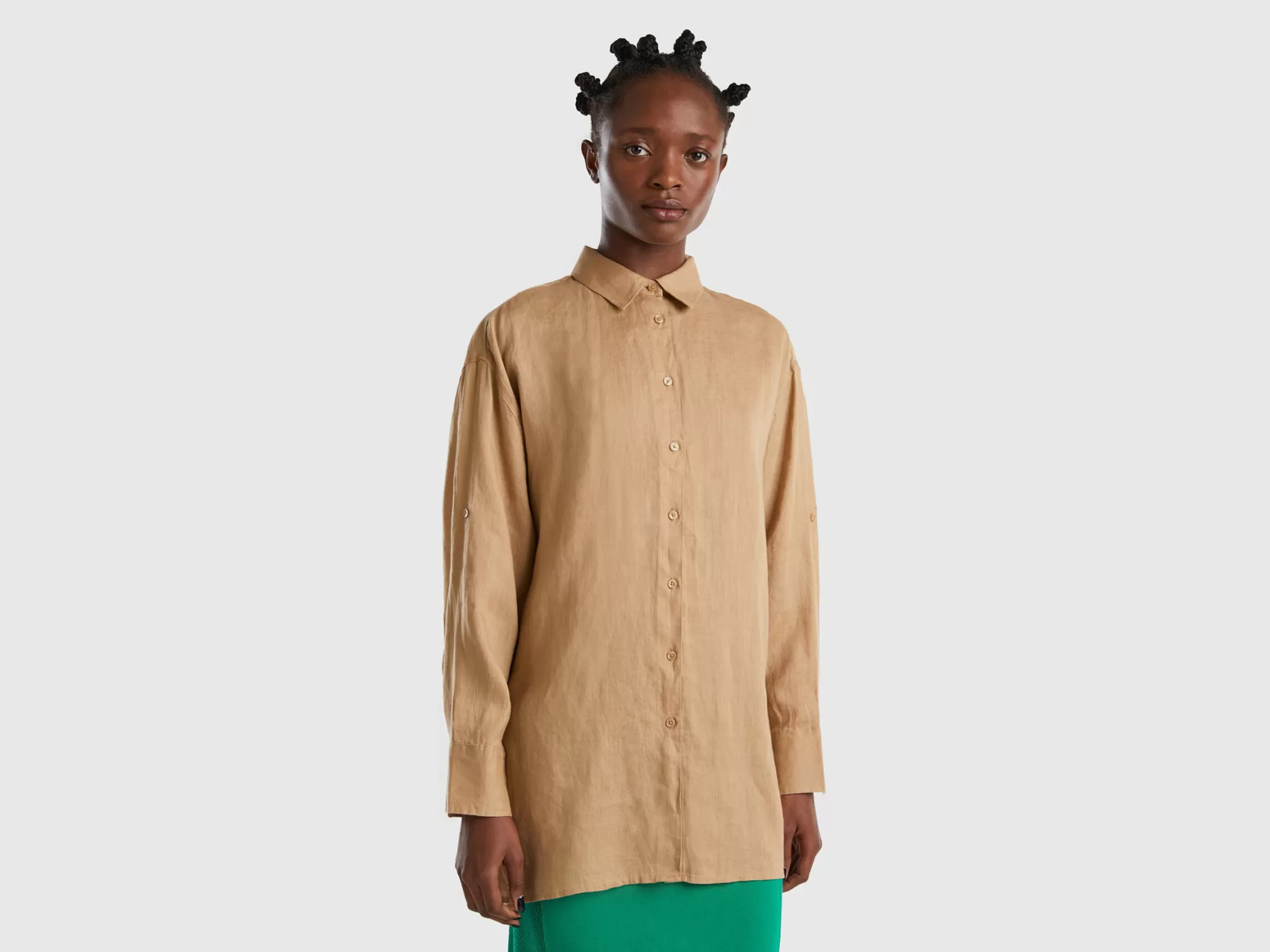 Benetton Camisa Larga De 100 % Lino-Mujer Camisas Y Blusas