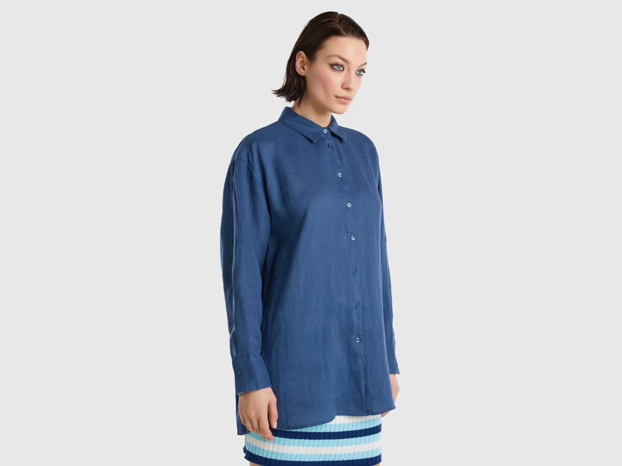 Benetton Camisa Larga De 100 % Lino-Mujer Camisas Y Blusas