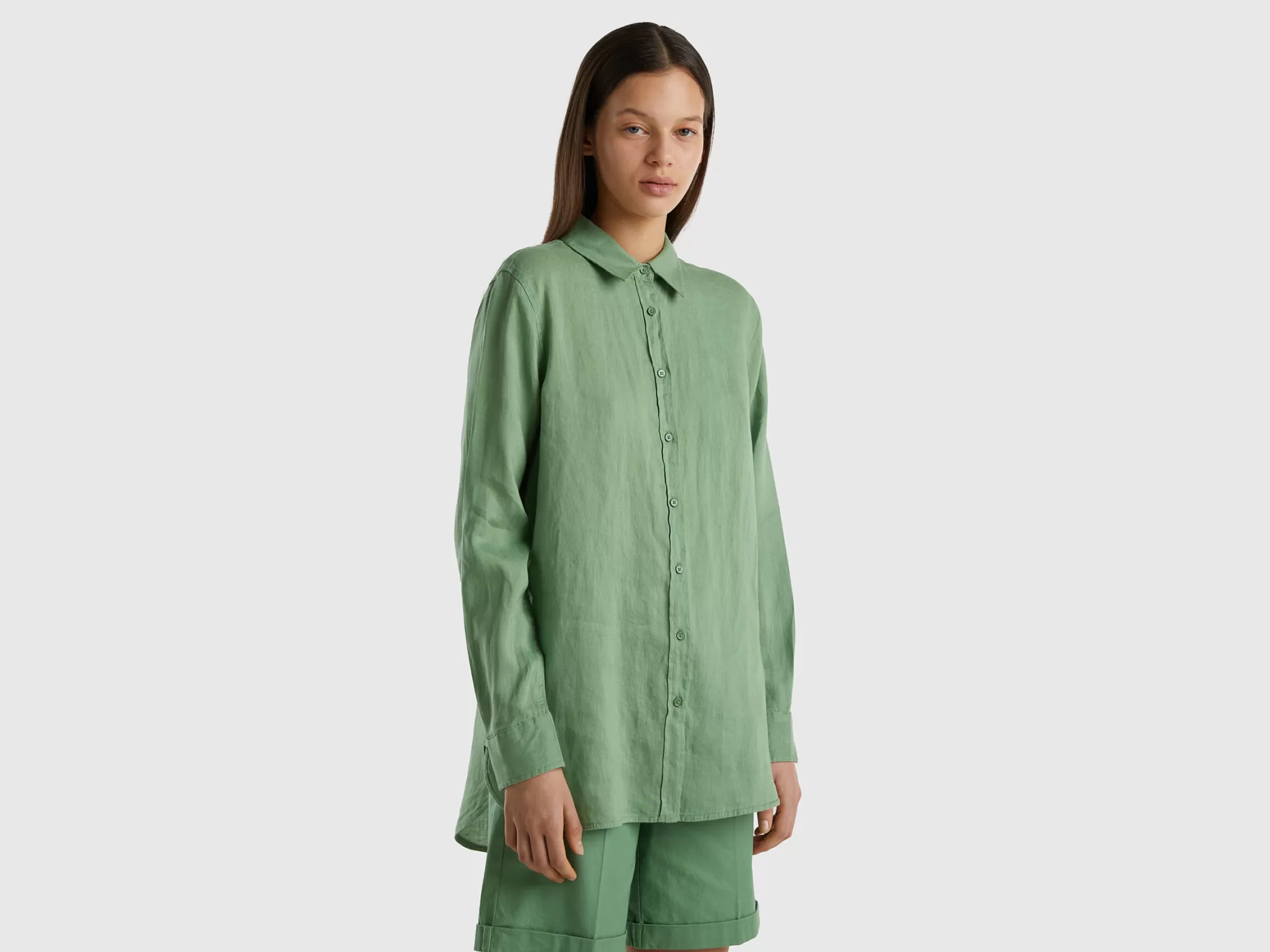 Benetton Camisa Larga De 100 % Lino-Mujer Camisas Y Blusas