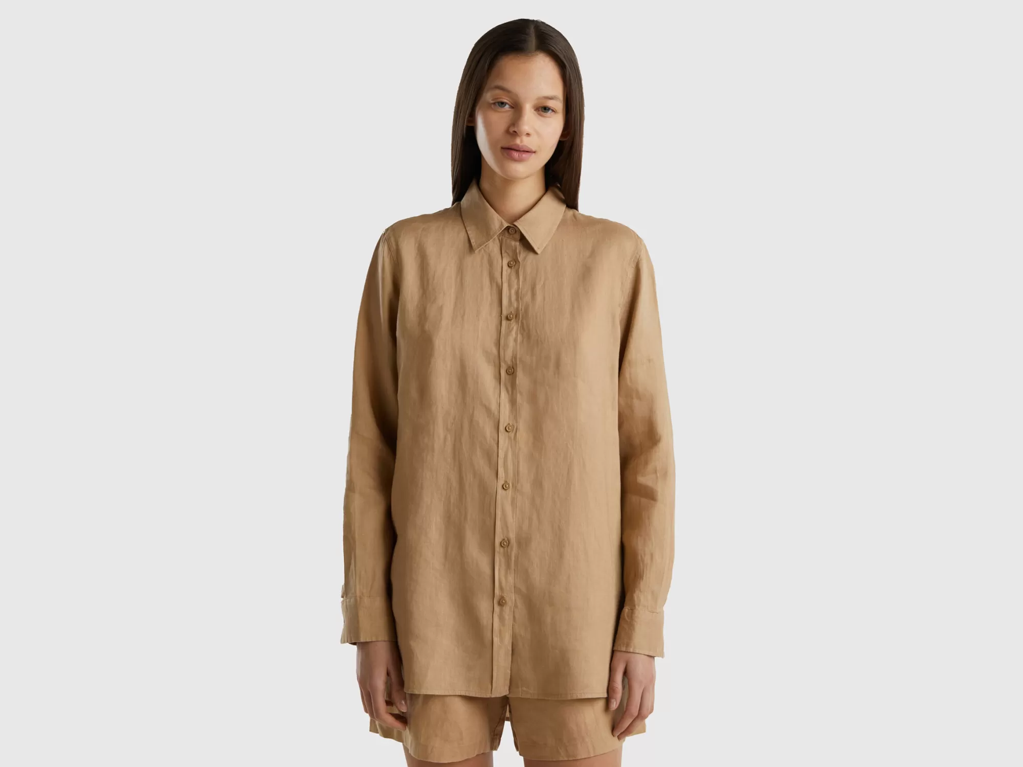 Benetton Camisa Larga De 100 % Lino-Mujer Camisas Y Blusas