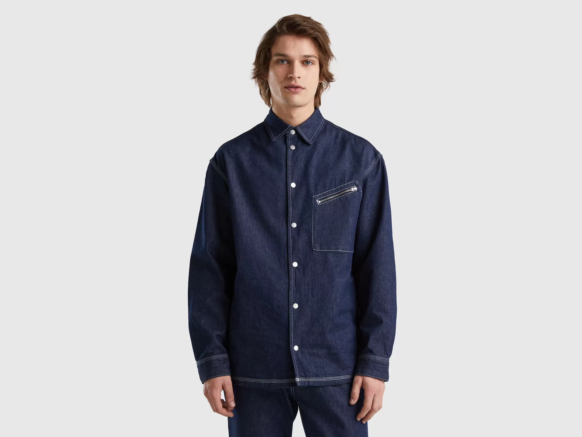 Benetton Camisa Oversize De Cambray-Hombre Camisas