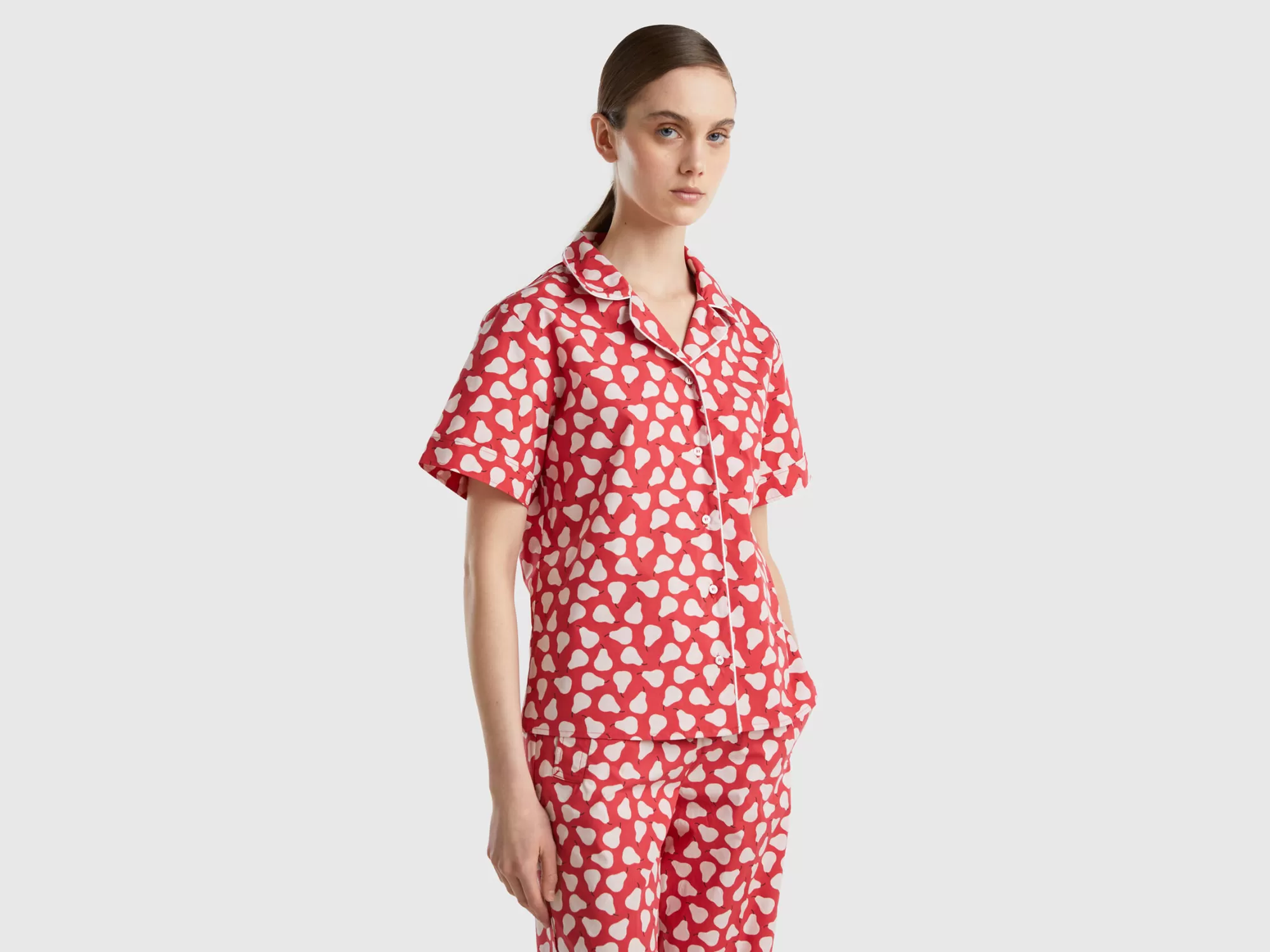 Benetton Camisa Roja Con Estampado De Peras-Mujer Camisas Y Blusas