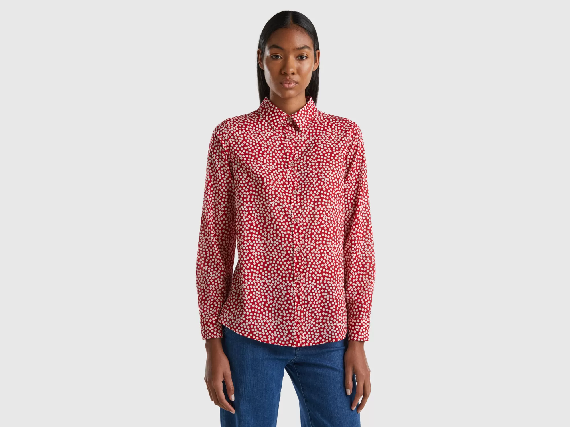 Benetton Camisa Roja Con Lunares Blancos-Mujer Camisas Y Blusas