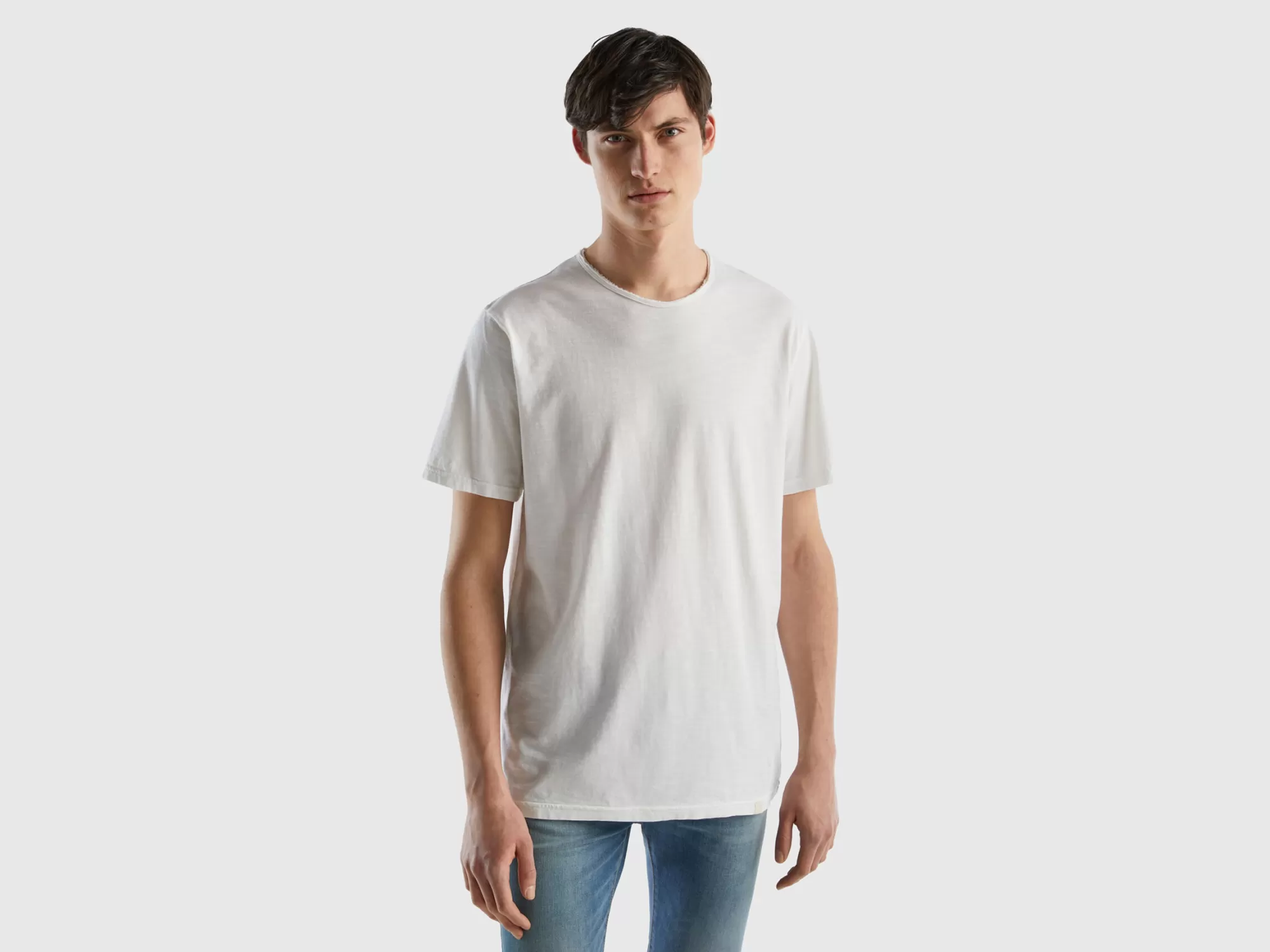 Benetton Camiseta Blanca De Algodón Flameado-Hombre Camisetas