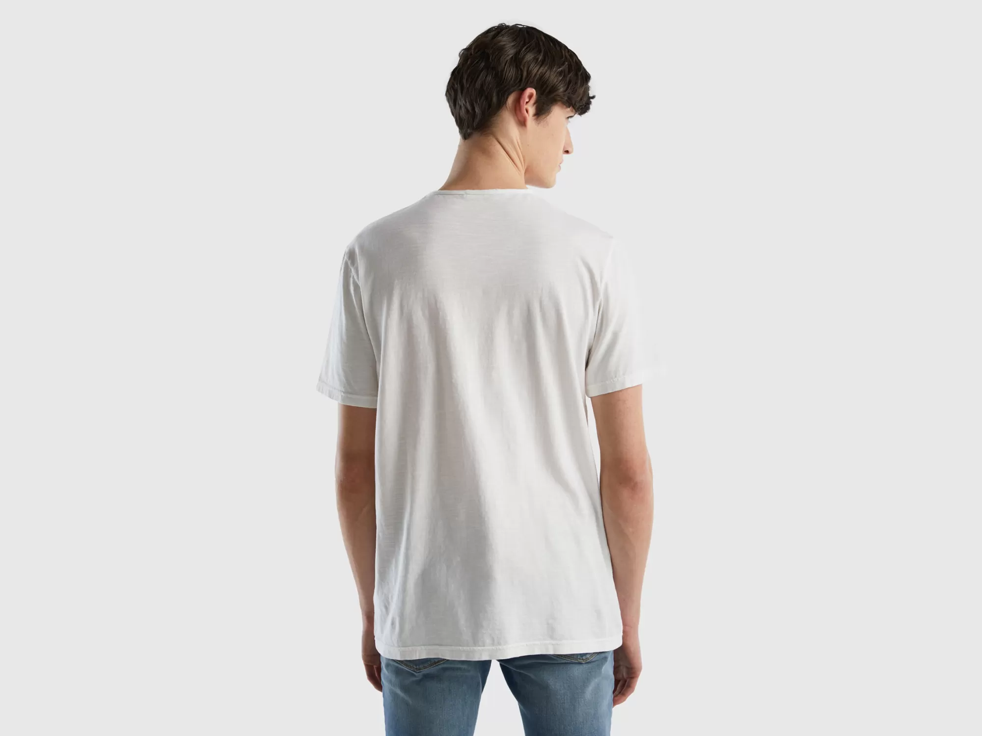 Benetton Camiseta Blanca De Algodón Flameado-Hombre Camisetas