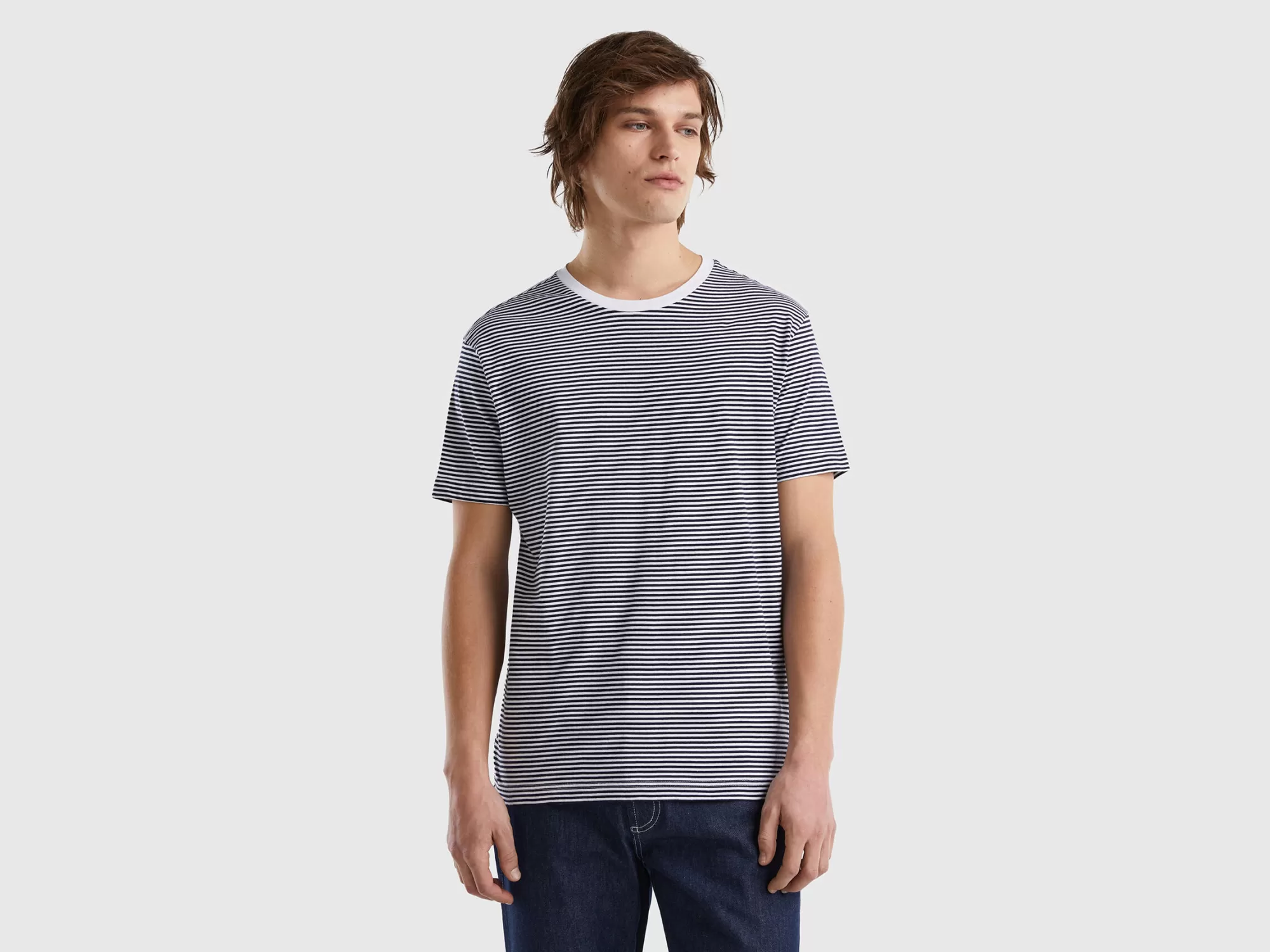 Benetton Camiseta De Rayas De 100 % Algodón-Hombre Camisetas