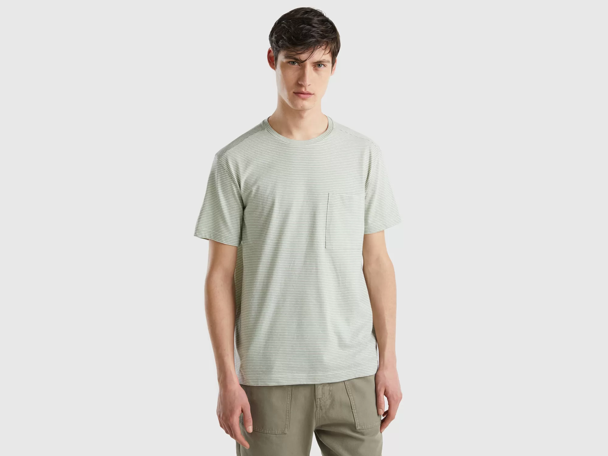 Benetton Camiseta De Rayas De Lino Mixto-Hombre Camisetas